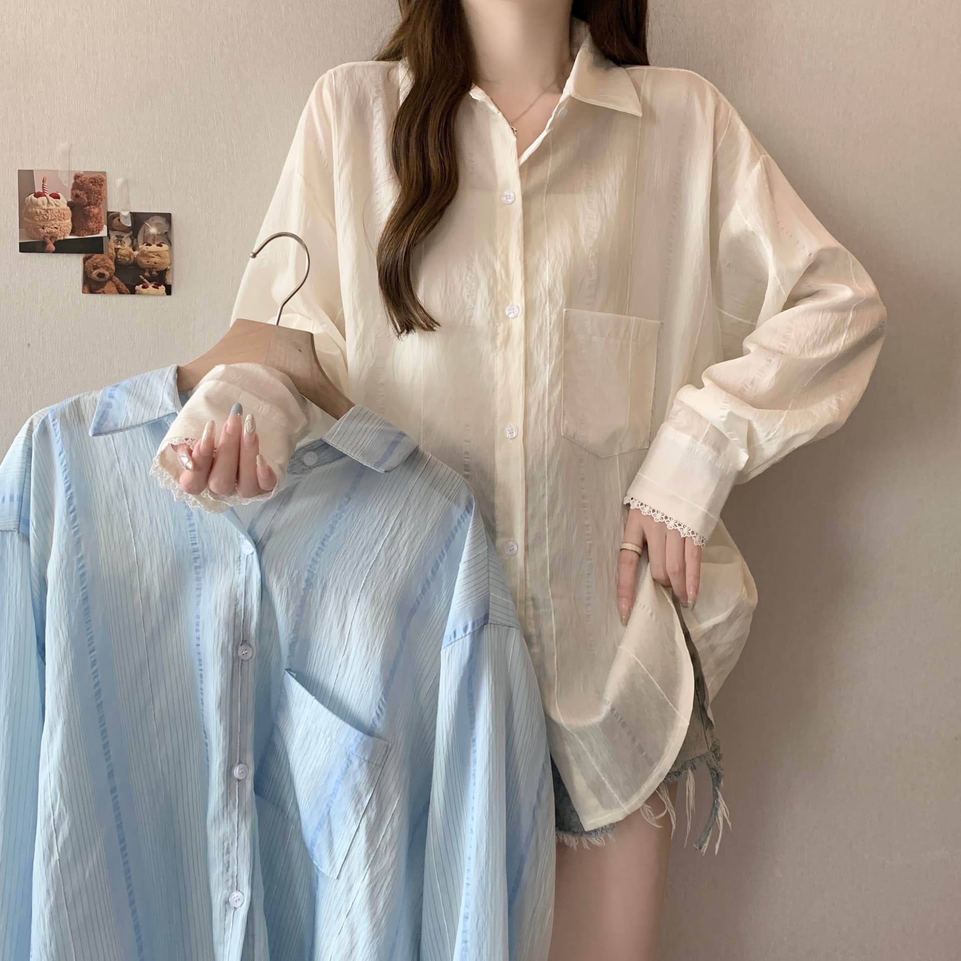 디자인 센스 레이스 조각 홀로우 아웃 긴팔 자외선 차단 여성 셔츠 지방 mm 루즈핏 캐주얼 얇은 스타일 맨위 재킷 다용도 상세 이미지 11