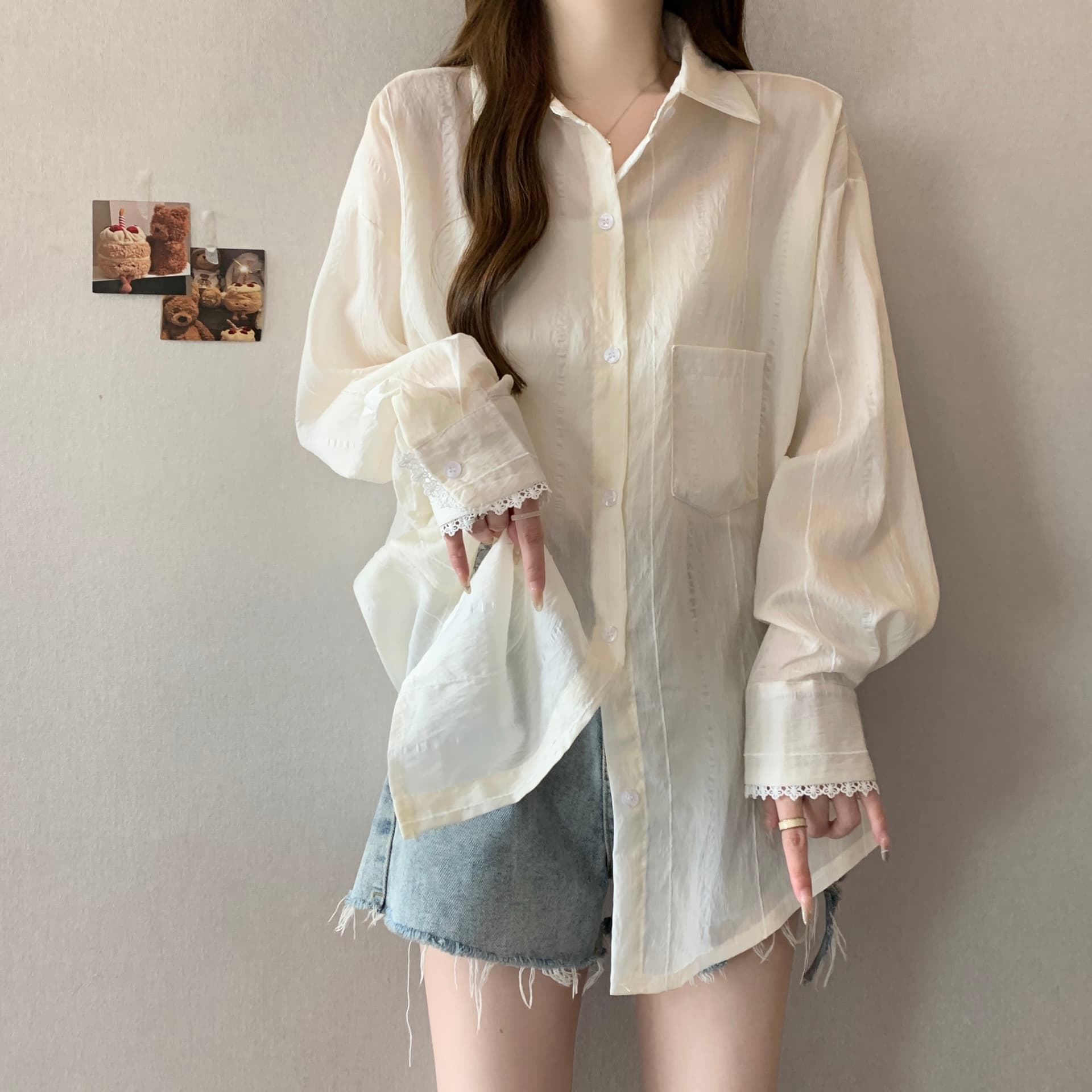 디자인 센스 레이스 조각 홀로우 아웃 긴팔 자외선 차단 여성 셔츠 지방 mm 루즈핏 캐주얼 얇은 스타일 맨위 재킷 다용도 상세 이미지 13