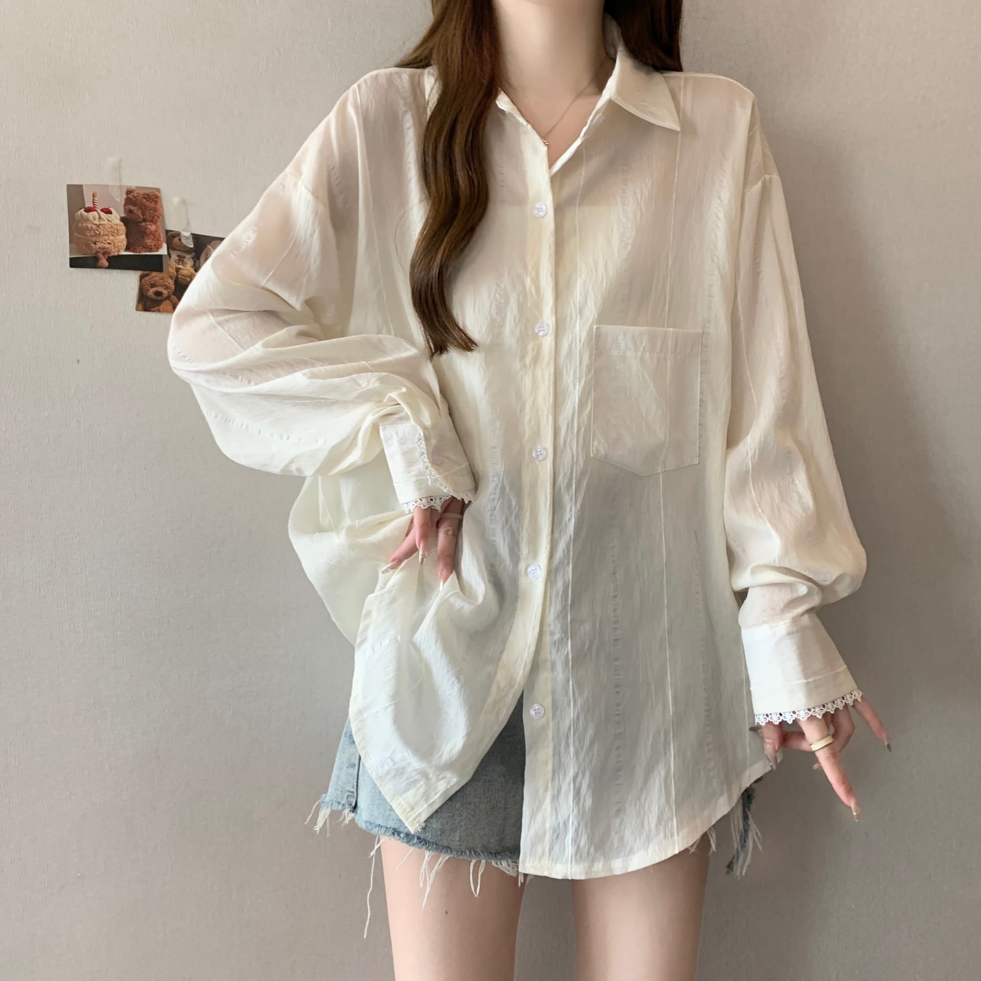 디자인 센스 레이스 조각 홀로우 아웃 긴팔 자외선 차단 여성 셔츠 지방 mm 루즈핏 캐주얼 얇은 스타일 맨위 재킷 다용도 상세 이미지 14