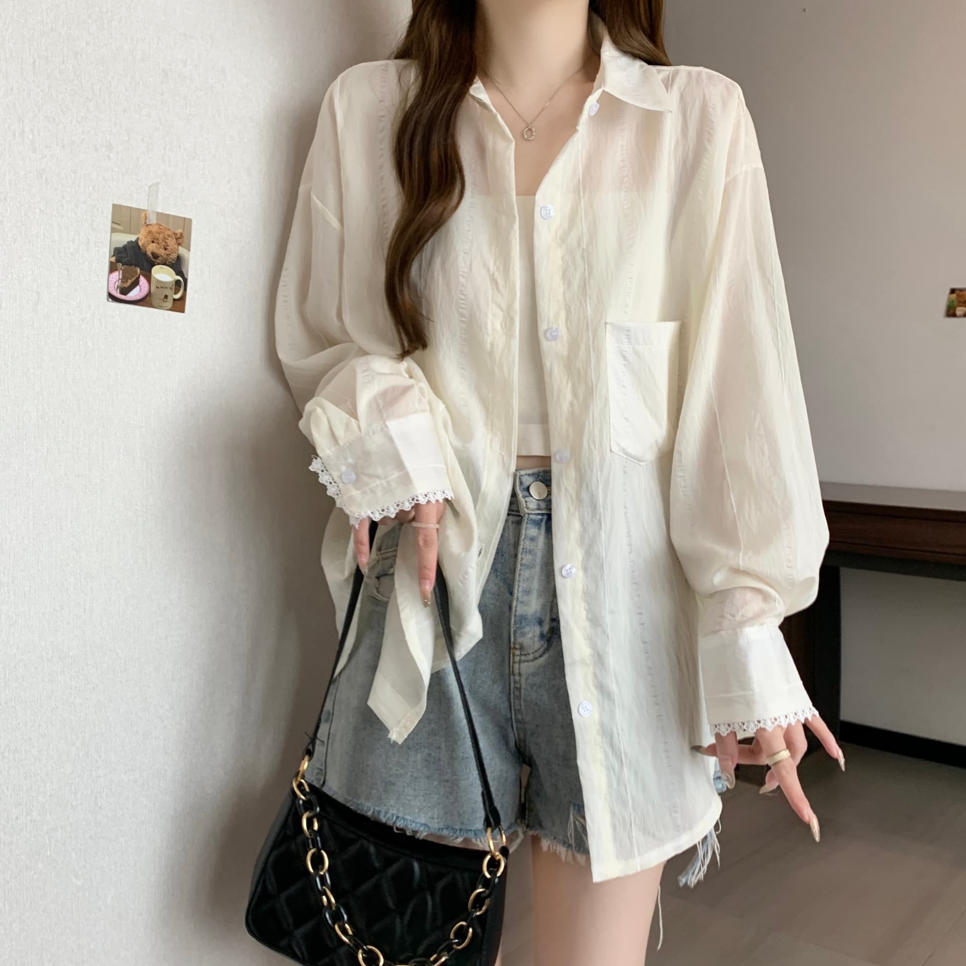 디자인 센스 레이스 조각 홀로우 아웃 긴팔 자외선 차단 여성 셔츠 지방 mm 루즈핏 캐주얼 얇은 스타일 맨위 재킷 다용도 상세 이미지 17