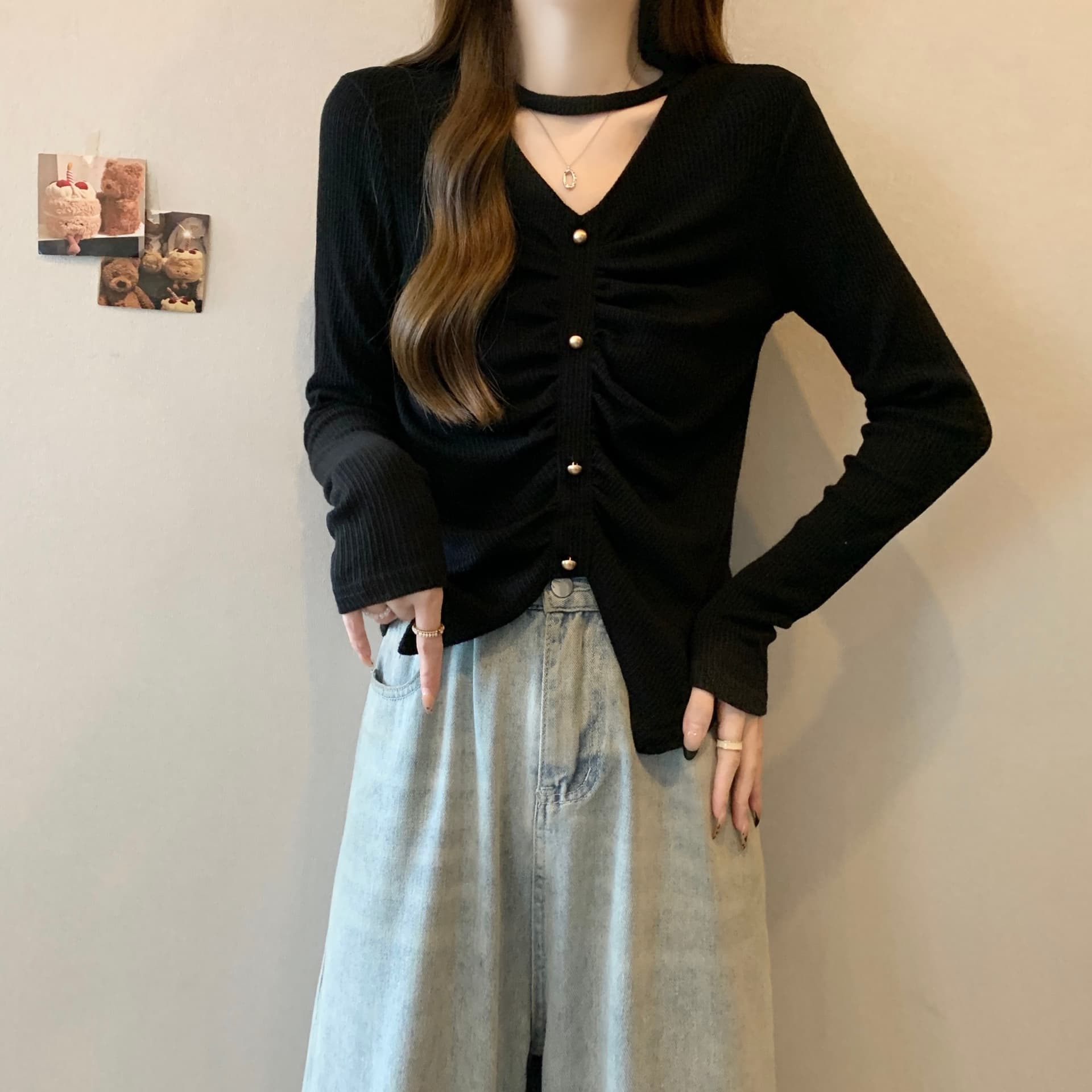 봄 새로운 빅 사이즈 지방 mm 심장 기계 목 세트 홀로우 아웃 V넥 트임 밑단 니트 긴 소매 인사이드 가져 가라. 만나는 맨위 상세 이미지 12