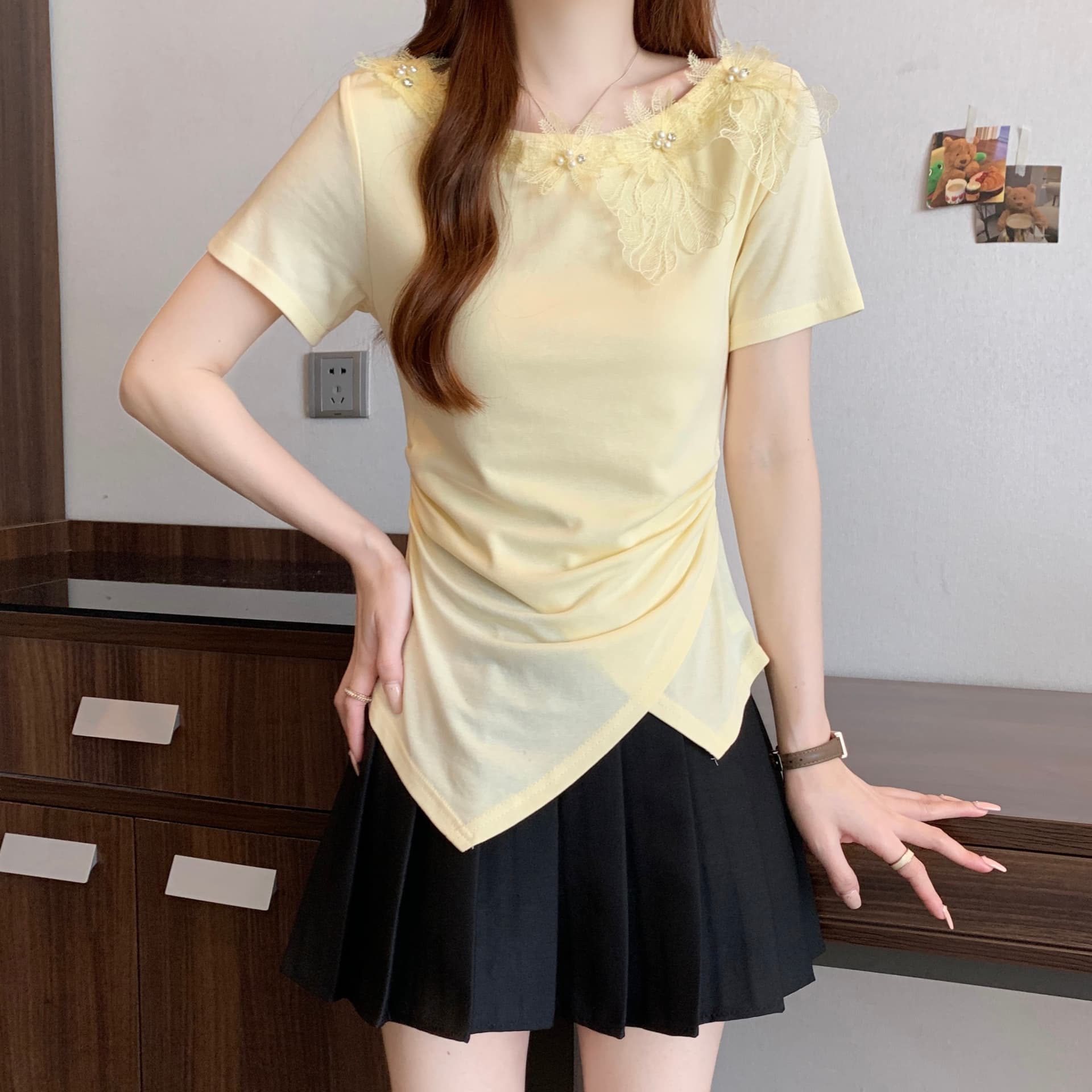 여름 새로운 Chic 디자인 센스 레이스 무거운 작업 비즈 박기 3 차원 꽃 연령 감소 몸매 가꾸기 불규칙 반팔 맨위 이미지 3