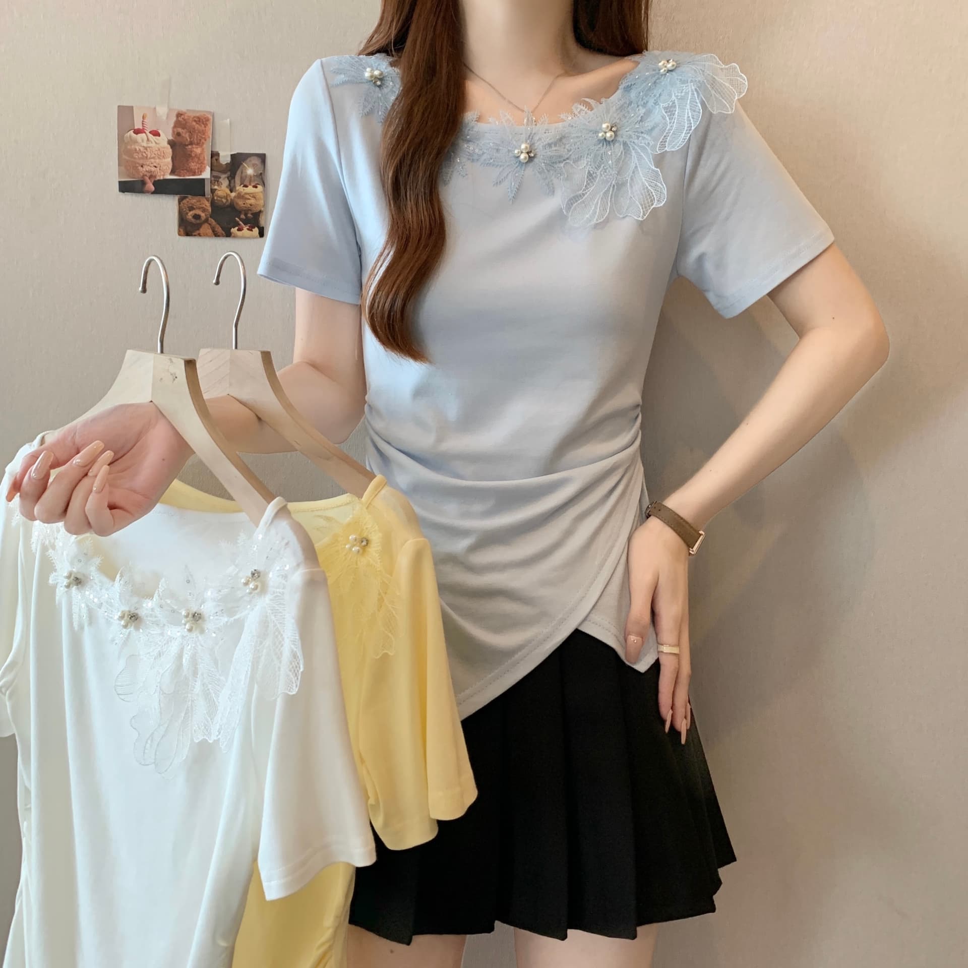 여름 새로운 Chic 디자인 센스 레이스 무거운 작업 비즈 박기 3 차원 꽃 연령 감소 몸매 가꾸기 불규칙 반팔 맨위 상세 이미지 2