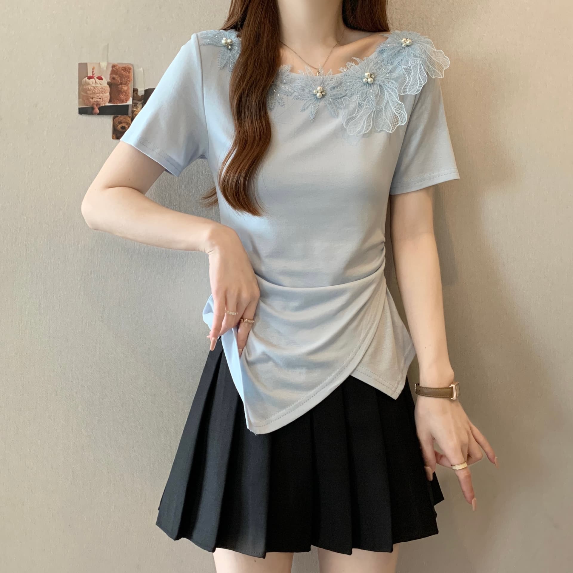 여름 새로운 Chic 디자인 센스 레이스 무거운 작업 비즈 박기 3 차원 꽃 연령 감소 몸매 가꾸기 불규칙 반팔 맨위 상세 이미지 3