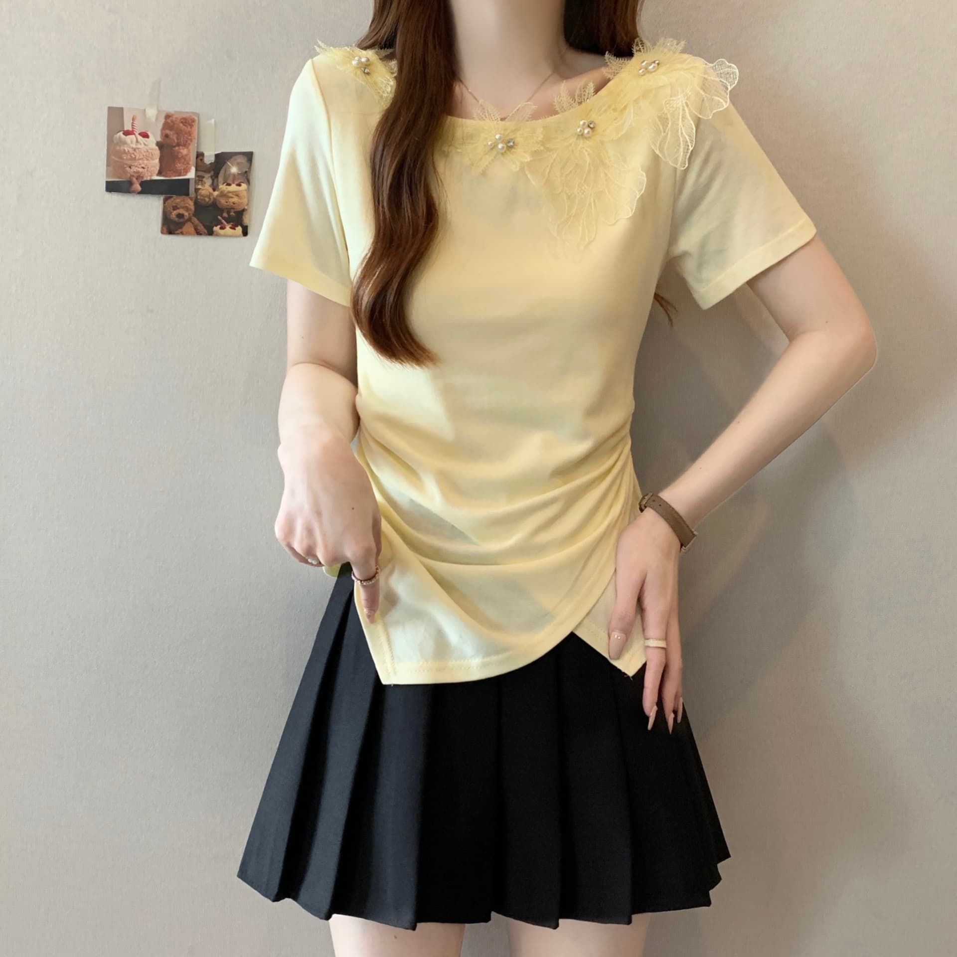 여름 새로운 Chic 디자인 센스 레이스 무거운 작업 비즈 박기 3 차원 꽃 연령 감소 몸매 가꾸기 불규칙 반팔 맨위 상세 이미지 14