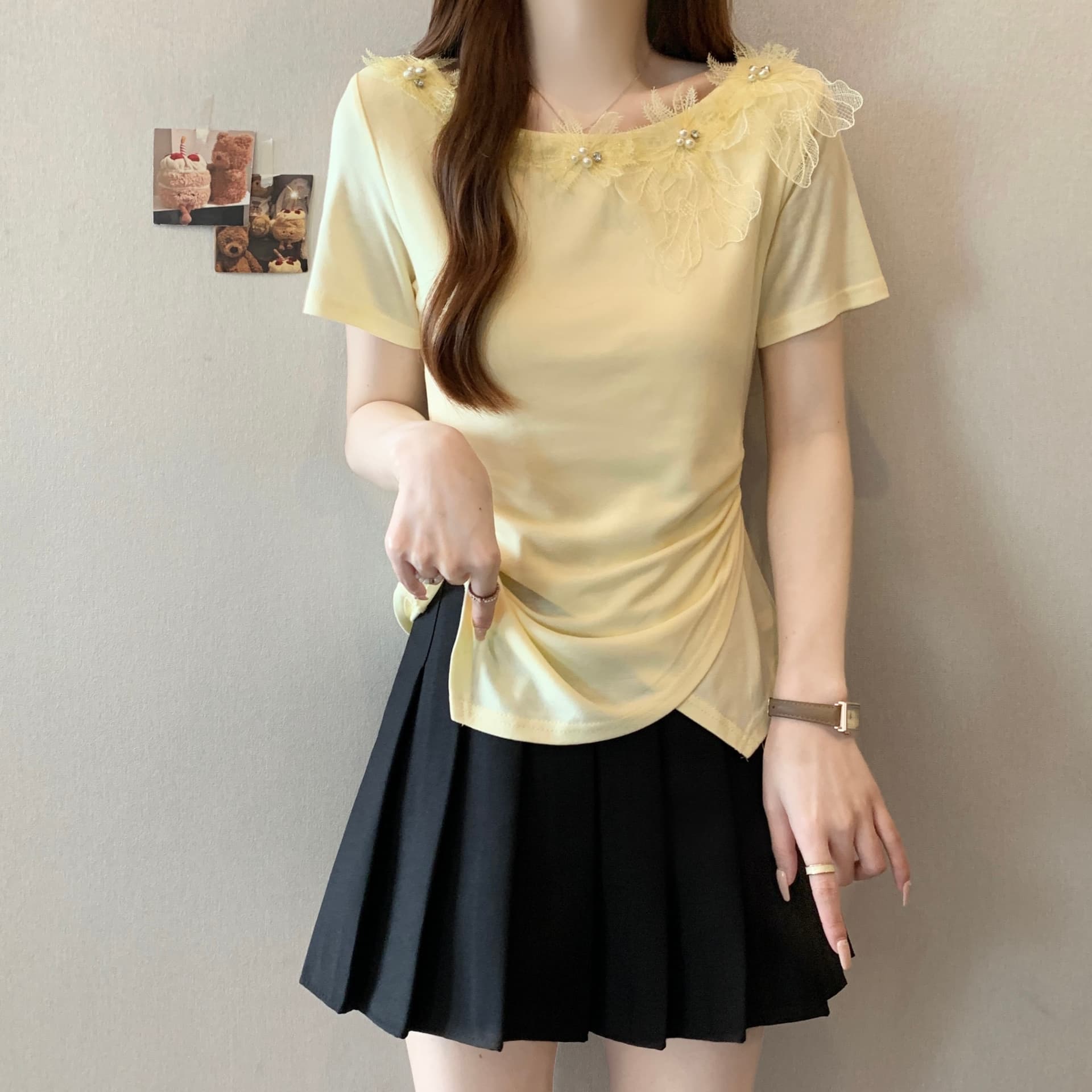 여름 새로운 Chic 디자인 센스 레이스 무거운 작업 비즈 박기 3 차원 꽃 연령 감소 몸매 가꾸기 불규칙 반팔 맨위 상세 이미지 15