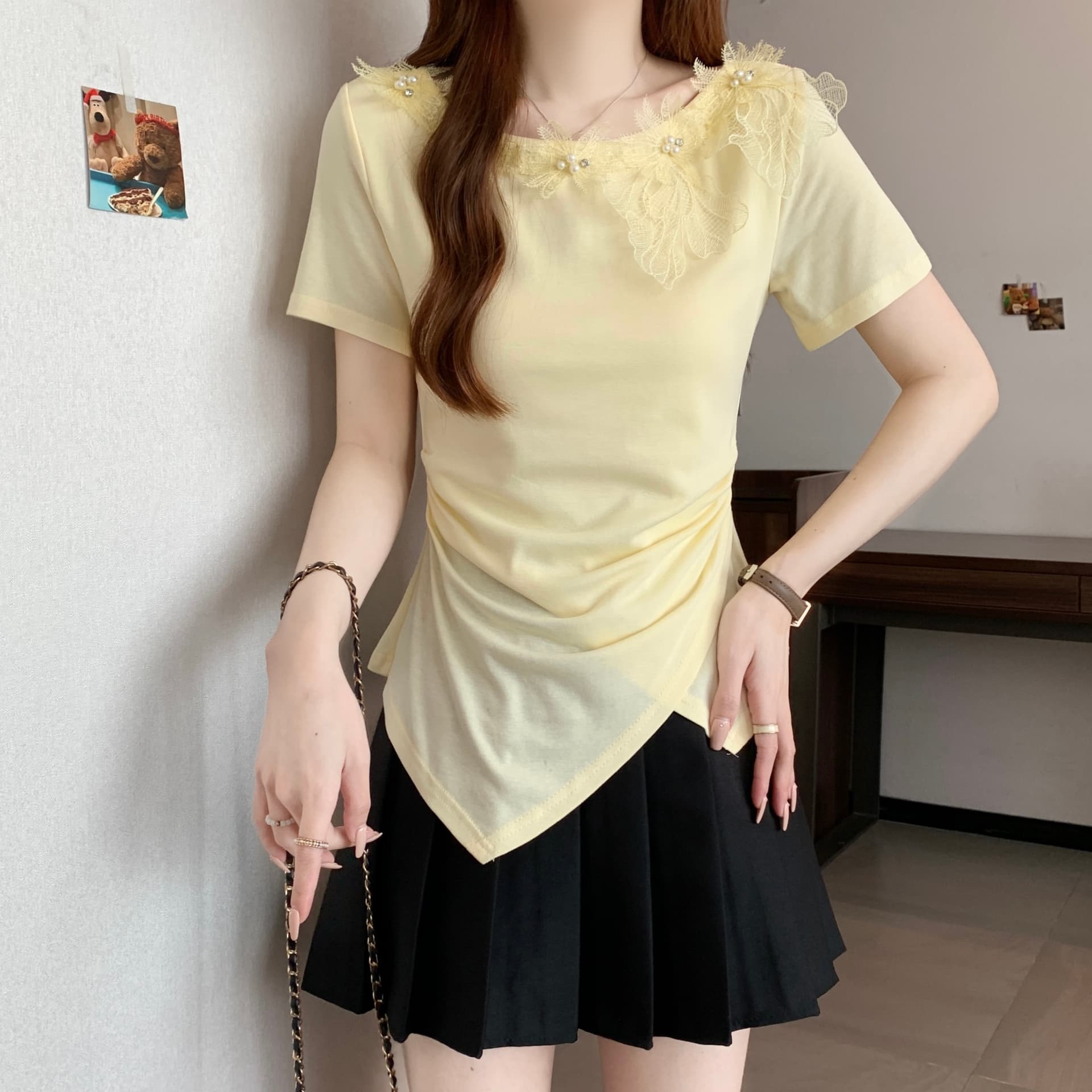 여름 새로운 Chic 디자인 센스 레이스 무거운 작업 비즈 박기 3 차원 꽃 연령 감소 몸매 가꾸기 불규칙 반팔 맨위 상세 이미지 19