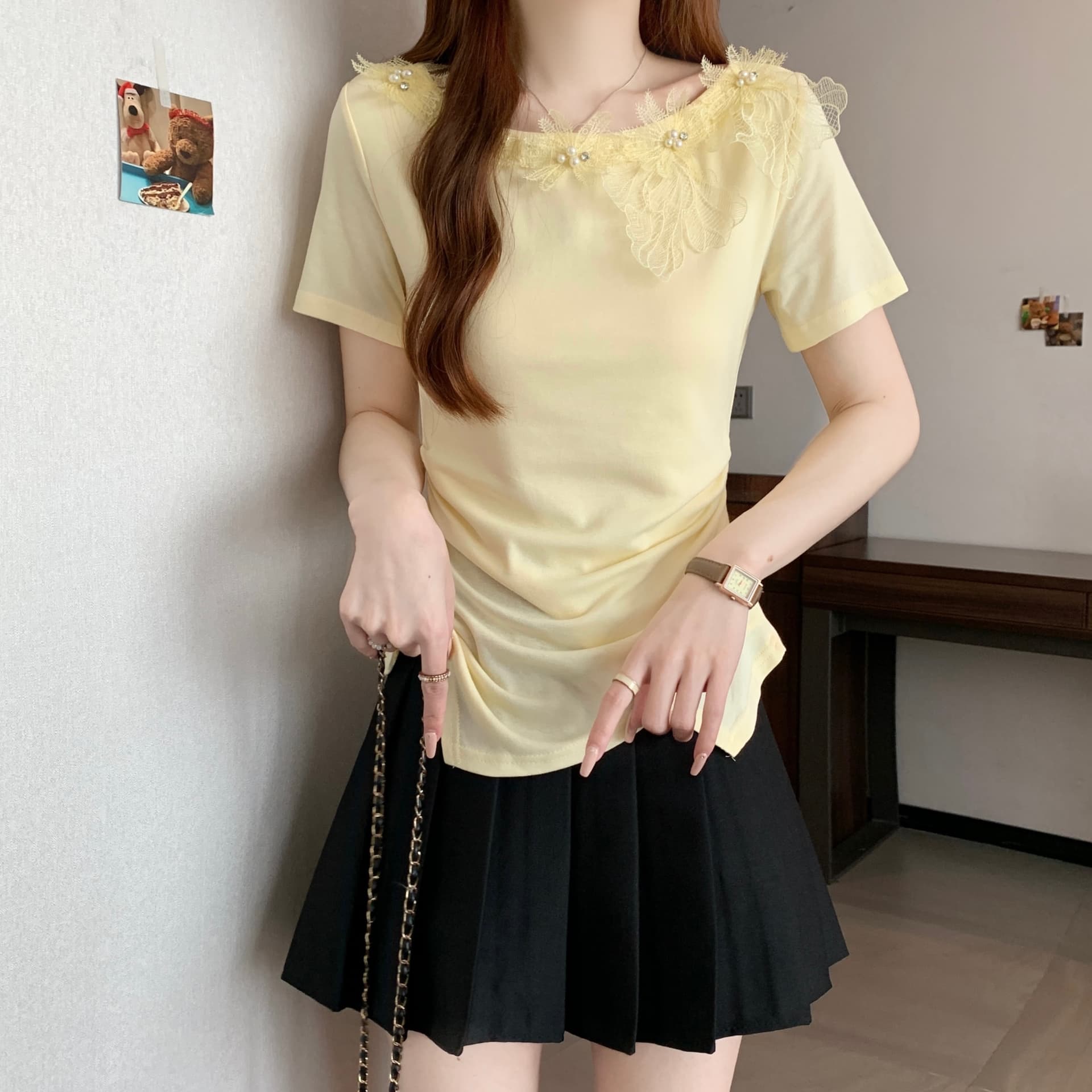 여름 새로운 Chic 디자인 센스 레이스 무거운 작업 비즈 박기 3 차원 꽃 연령 감소 몸매 가꾸기 불규칙 반팔 맨위 상세 이미지 20