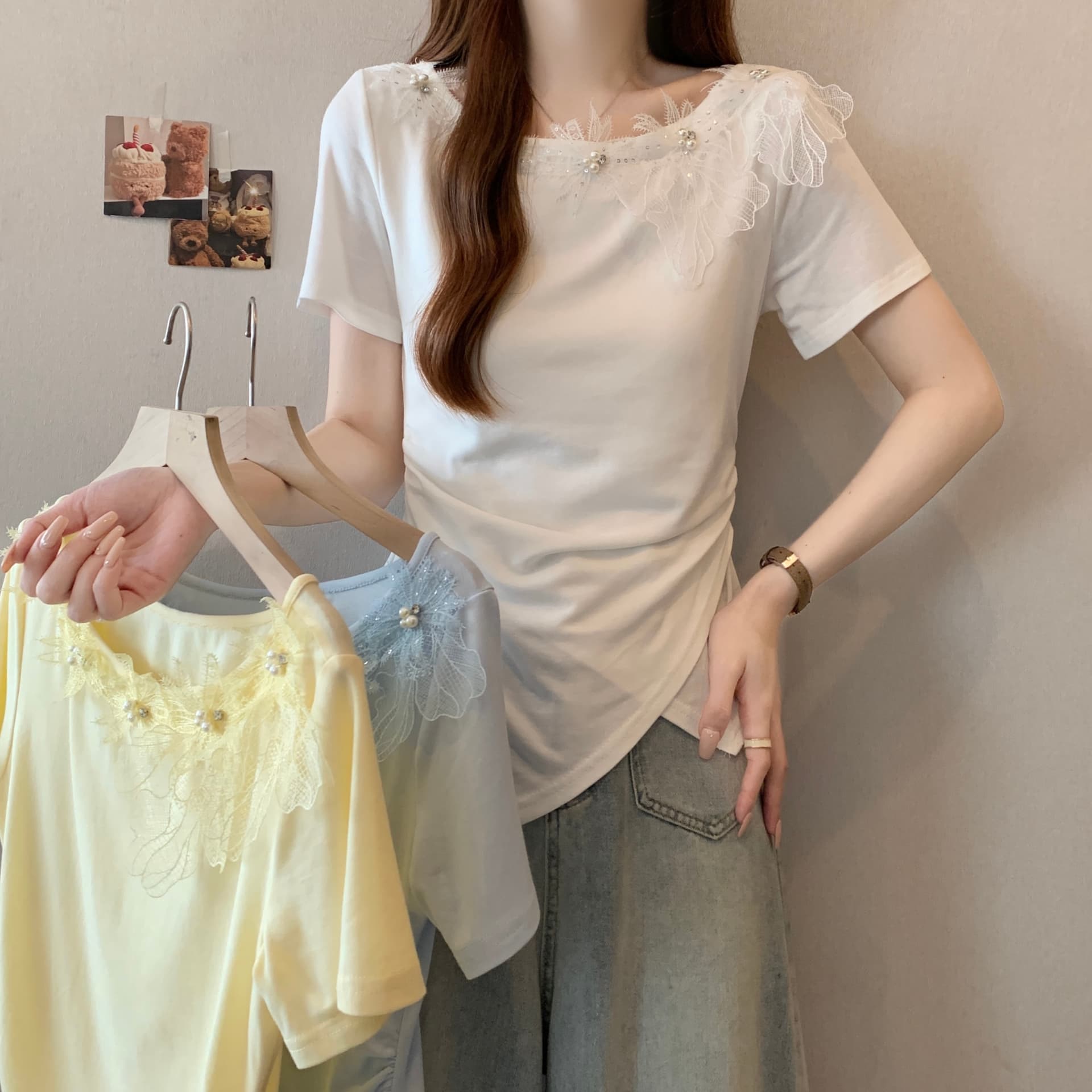 여름 새로운 Chic 디자인 센스 레이스 무거운 작업 비즈 박기 3 차원 꽃 연령 감소 몸매 가꾸기 불규칙 반팔 맨위 상세 이미지 21