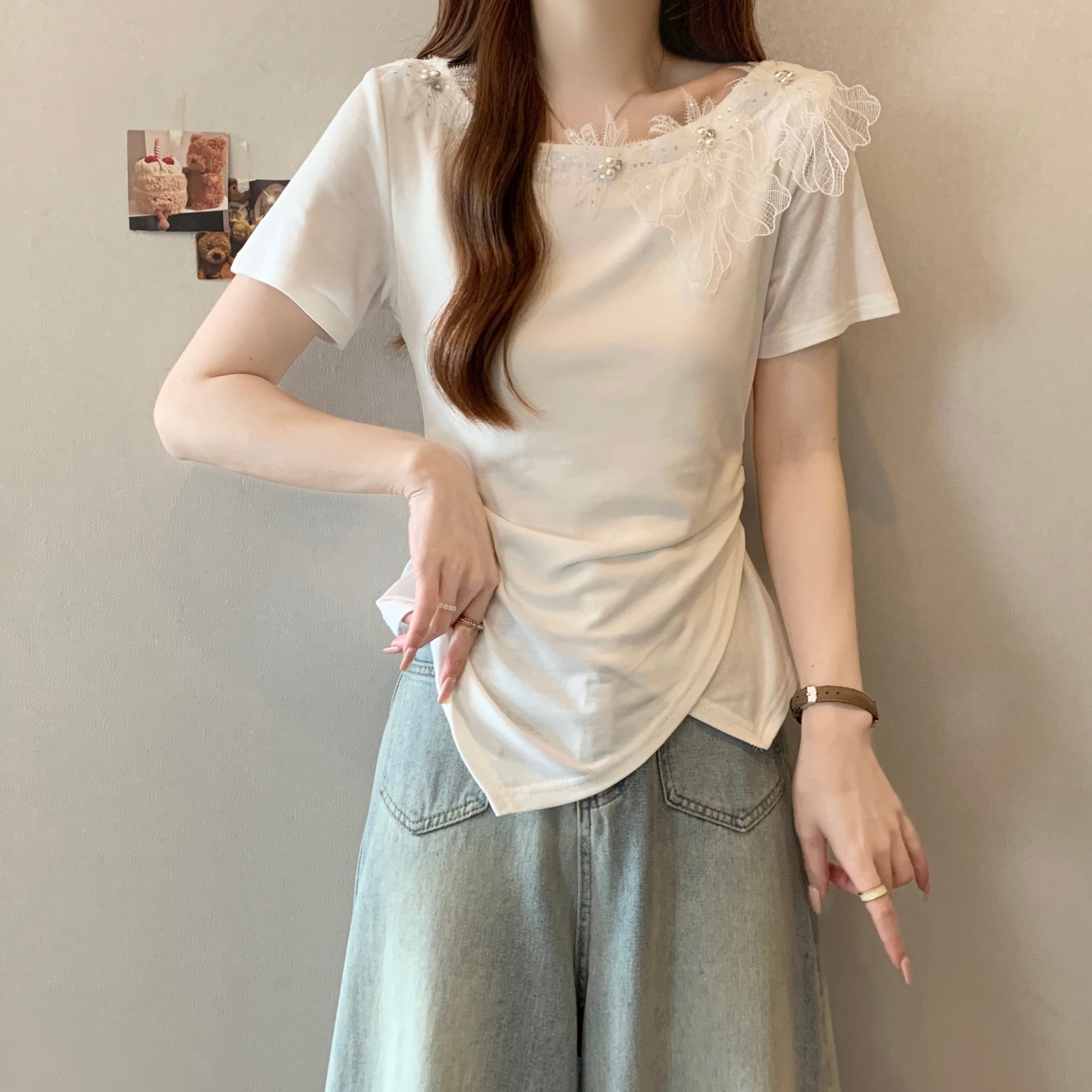 여름 새로운 Chic 디자인 센스 레이스 무거운 작업 비즈 박기 3 차원 꽃 연령 감소 몸매 가꾸기 불규칙 반팔 맨위 상세 이미지 22
