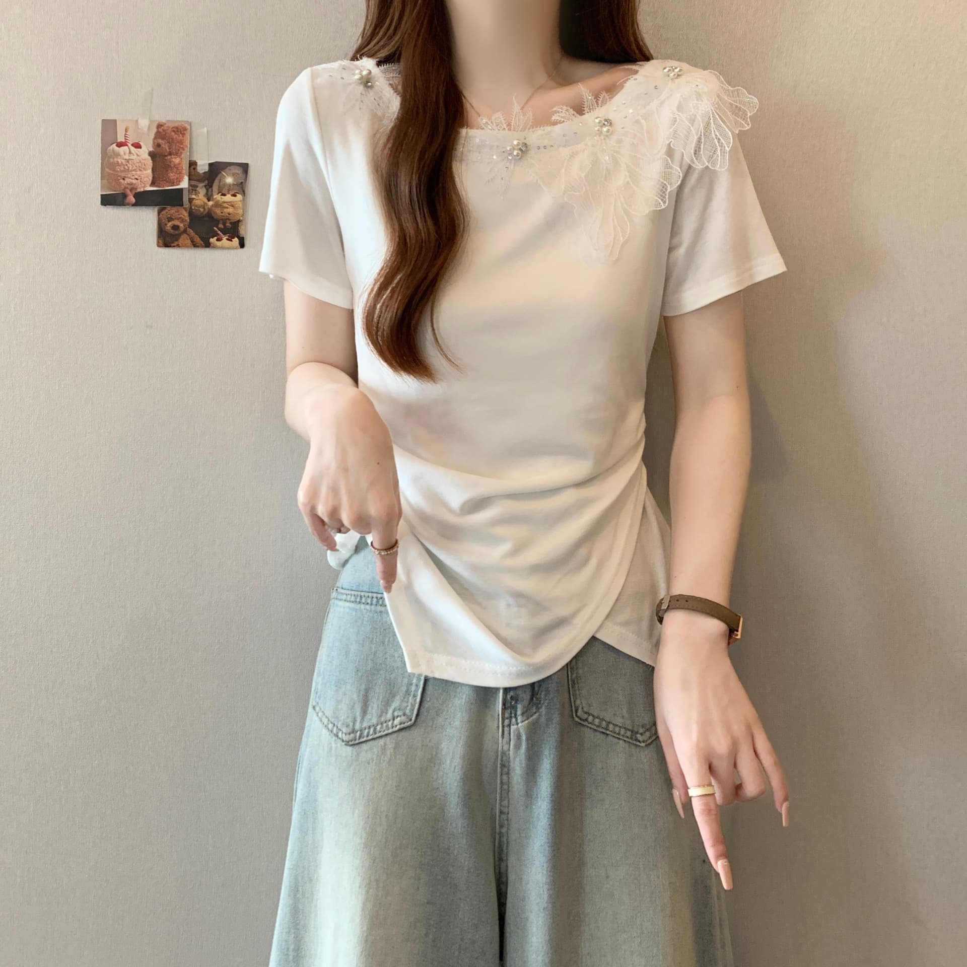 여름 새로운 Chic 디자인 센스 레이스 무거운 작업 비즈 박기 3 차원 꽃 연령 감소 몸매 가꾸기 불규칙 반팔 맨위 상세 이미지 24