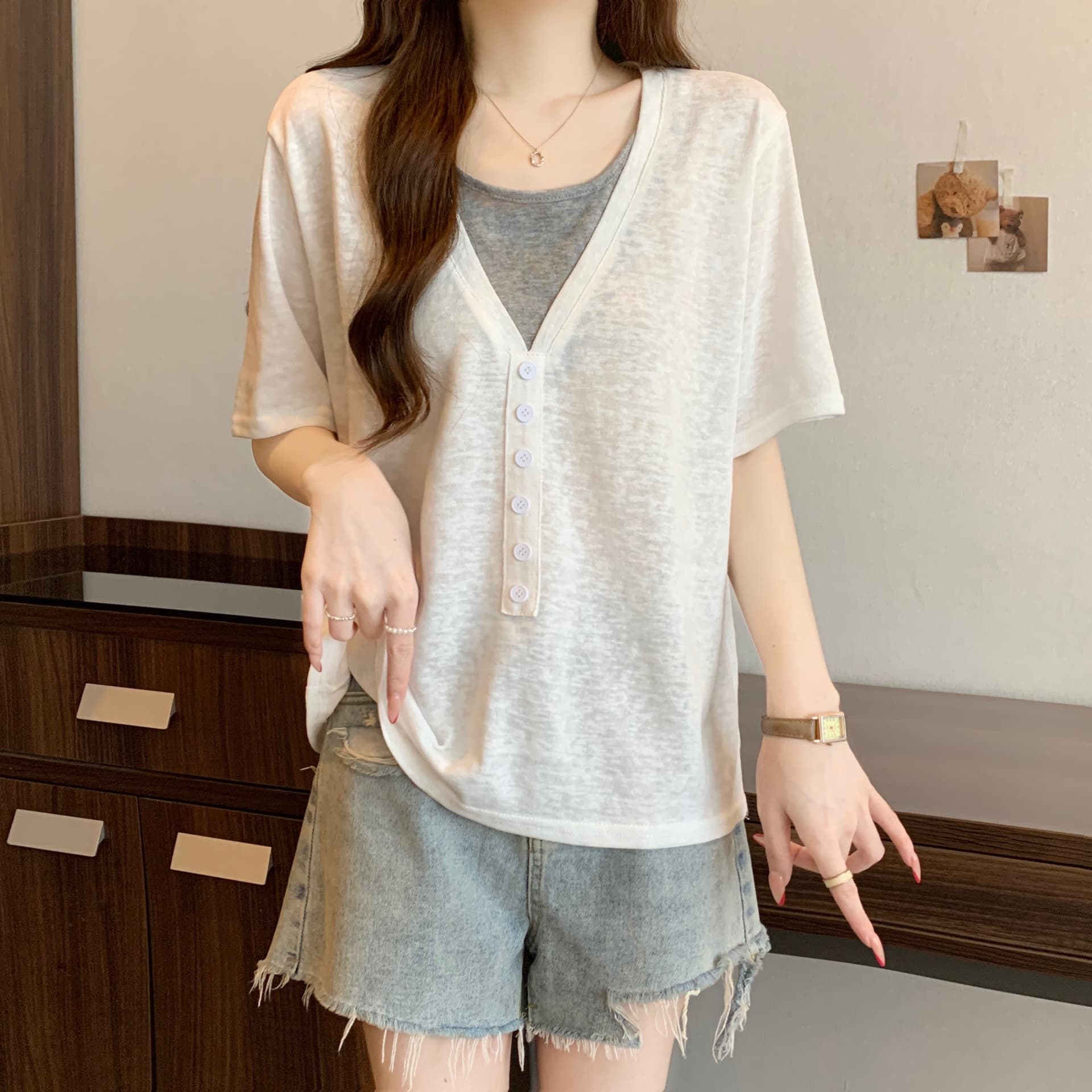 실사 빅 사이즈 반팔 긍정적 인 어깨 티셔츠 여성 여름 새로운 외국 가스 슬림해 보이는 디자인 센스 작은 대중 페이크 레이어드 맨위 상세 이미지 8