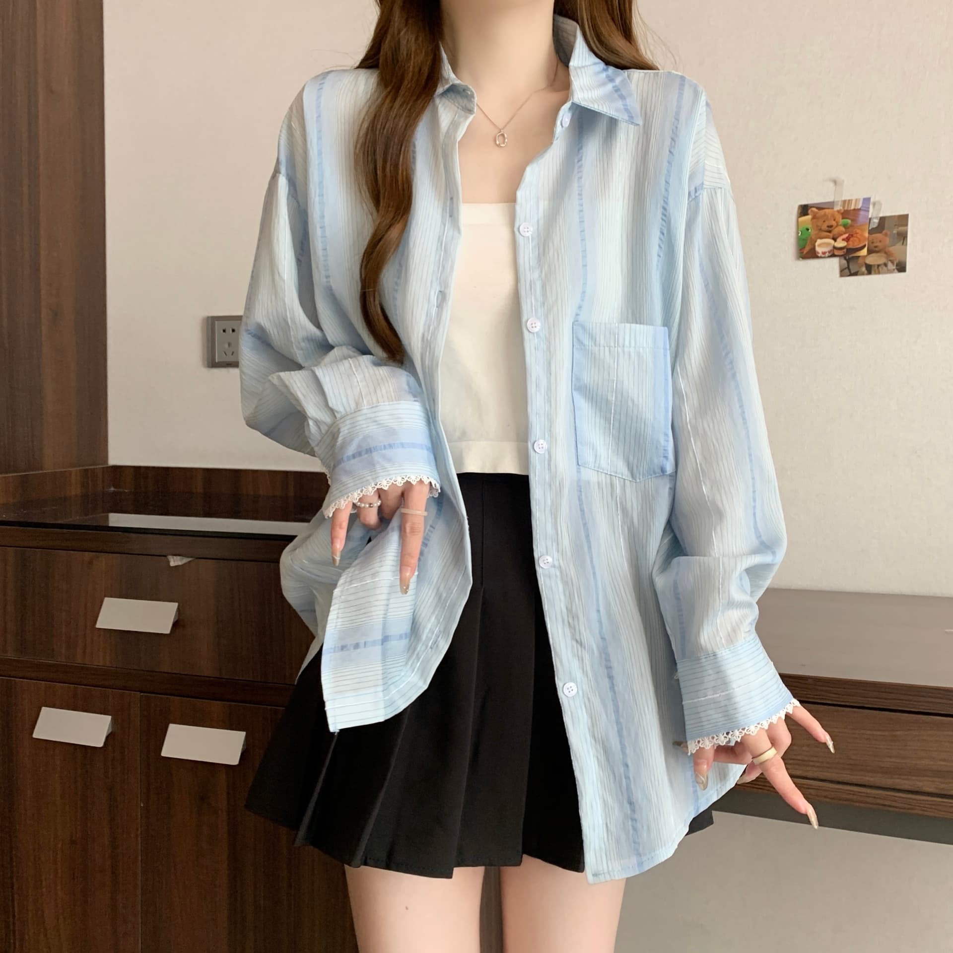 실사 빅 사이즈 지방 mm 한 부서 루즈핏 캐주얼 셔츠 홀로우 아웃 패치워크 디자인 센스 긴팔 셔츠 맨위 상세 이미지 6