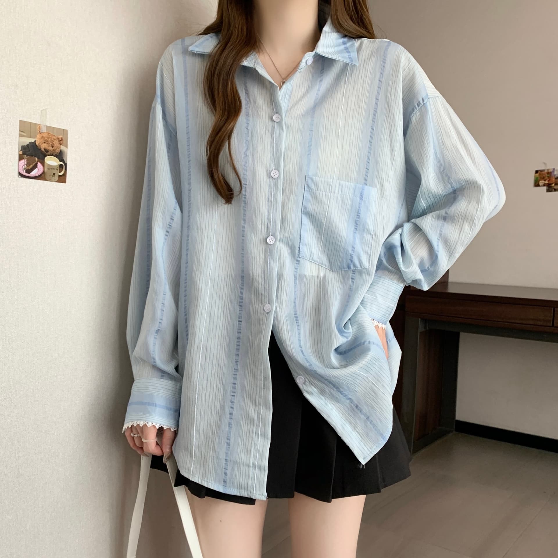 실사 빅 사이즈 지방 mm 한 부서 루즈핏 캐주얼 셔츠 홀로우 아웃 패치워크 디자인 센스 긴팔 셔츠 맨위 상세 이미지 8