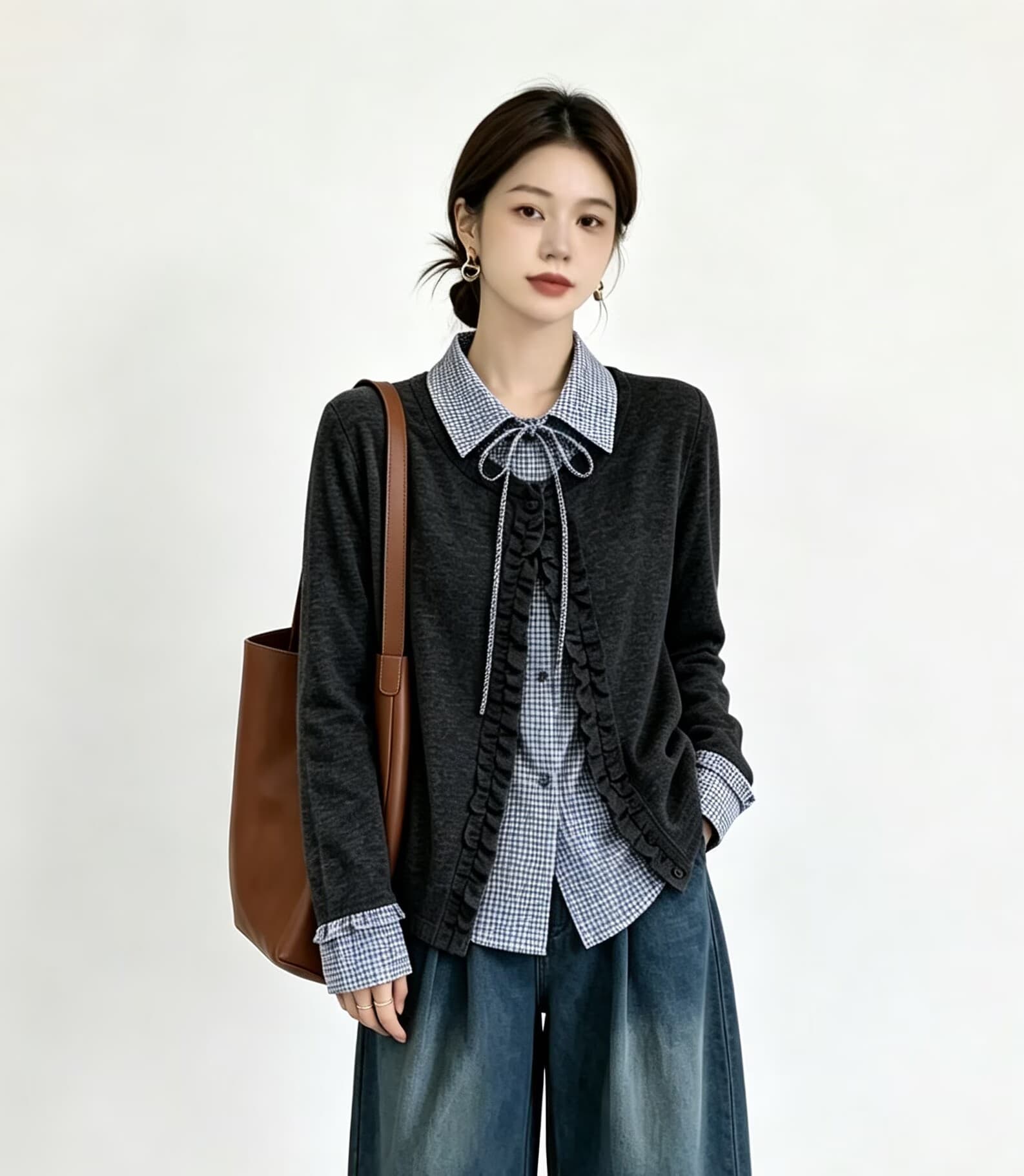 실사 빅 사이즈 패치워크 페이크 레이어드 격자 무늬 셔츠 가을 의상 2026 새로운 아름다운 자이언트 잘 생긴 긴팔 맨위 여성 상세 이미지 3