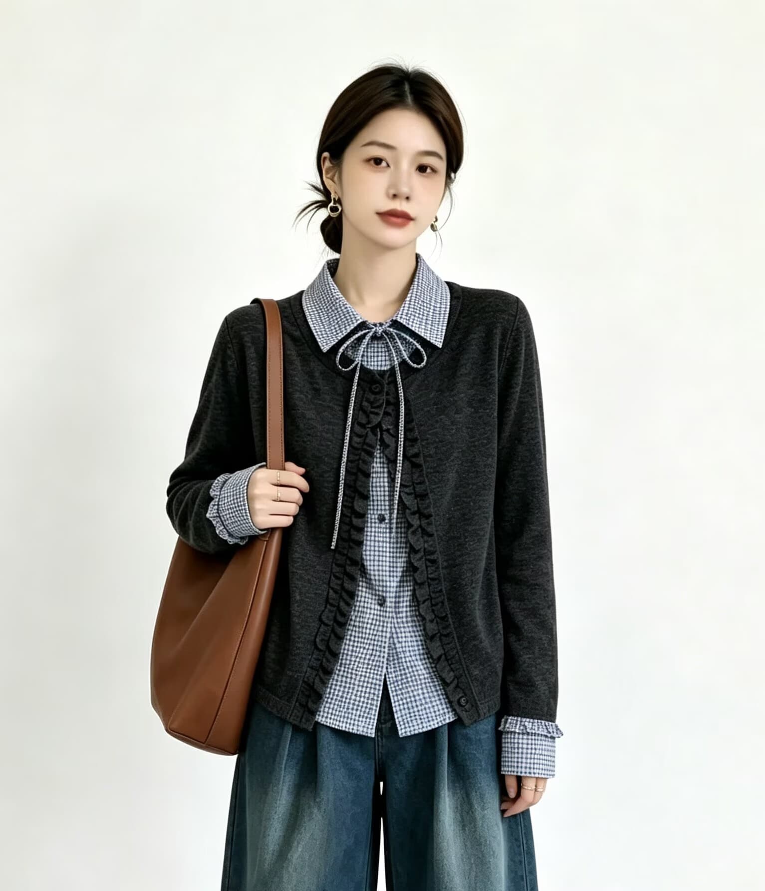 실사 빅 사이즈 패치워크 페이크 레이어드 격자 무늬 셔츠 가을 의상 2026 새로운 아름다운 자이언트 잘 생긴 긴팔 맨위 여성 상세 이미지 4