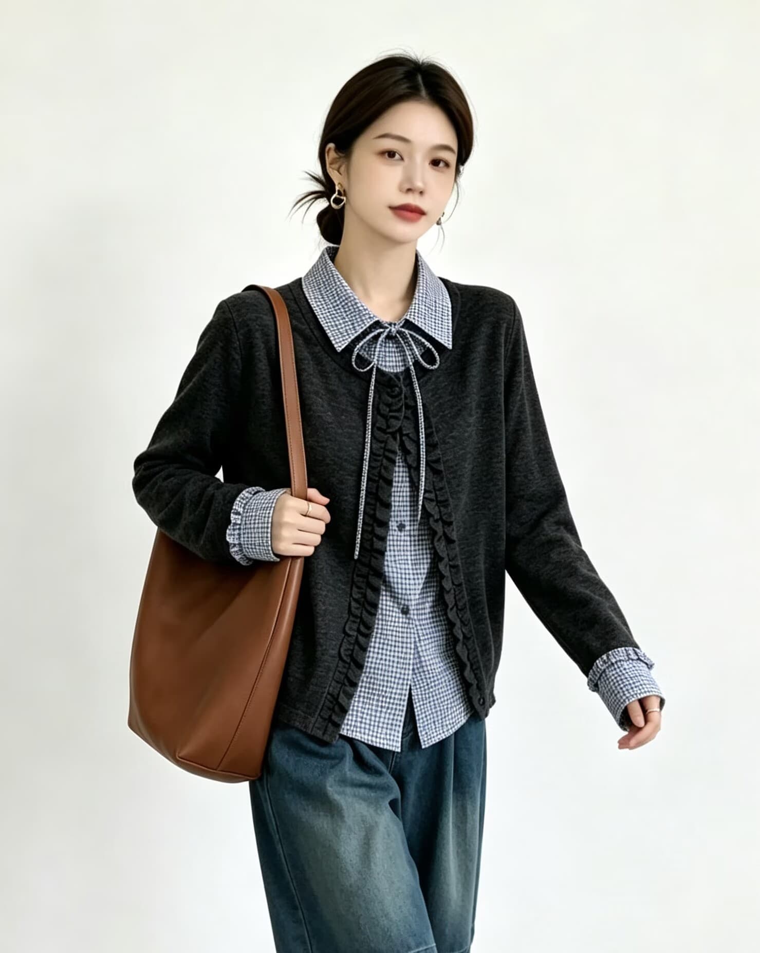 실사 빅 사이즈 패치워크 페이크 레이어드 격자 무늬 셔츠 가을 의상 2026 새로운 아름다운 자이언트 잘 생긴 긴팔 맨위 여성 상세 이미지 6