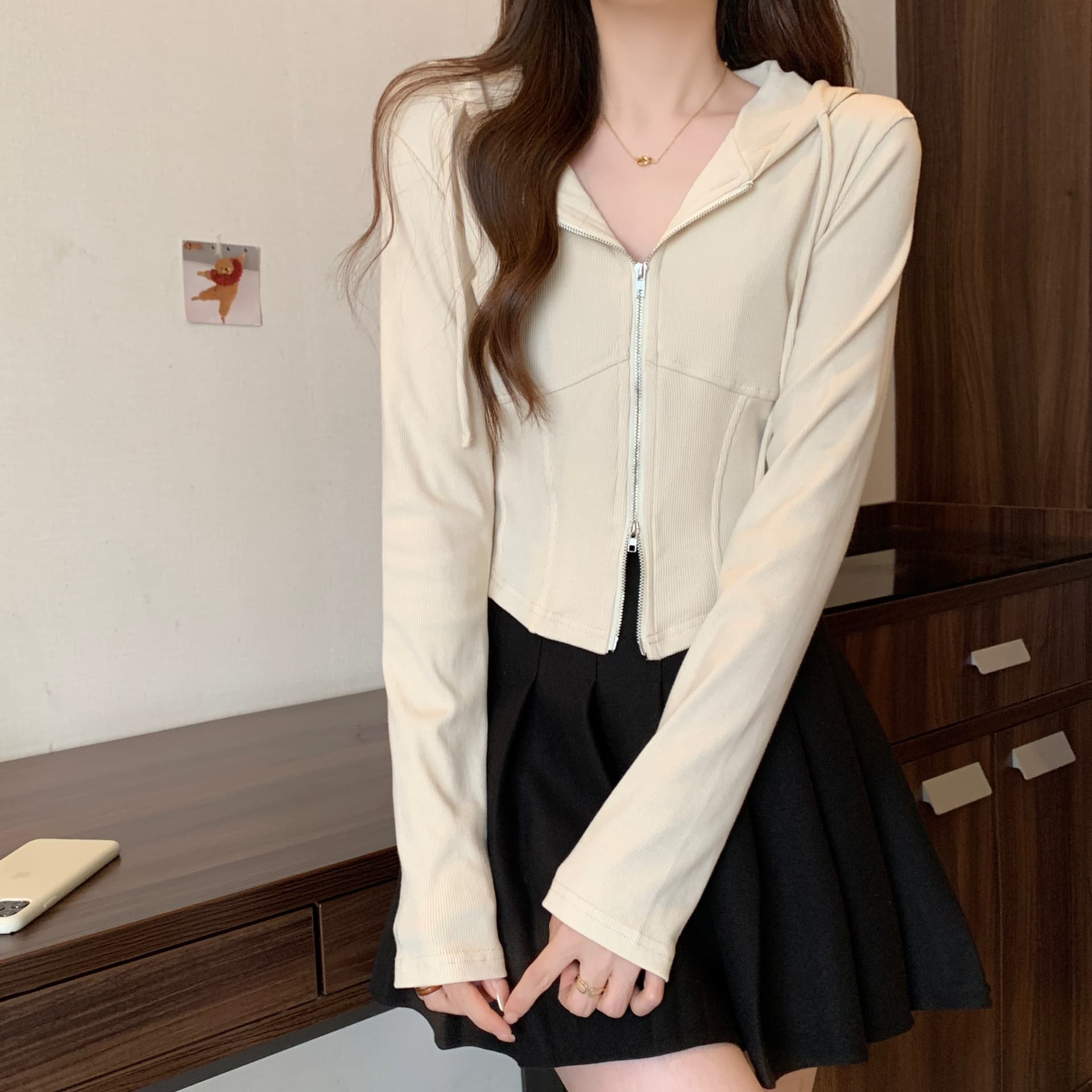 실사 빅 사이즈 가을 새로운 후드 긴팔 오픈 가디건 여성 코트 몸매 가꾸기 슬림해 보이는 생선뼈 쇼트 스타일 지퍼 맨위 이미지 5