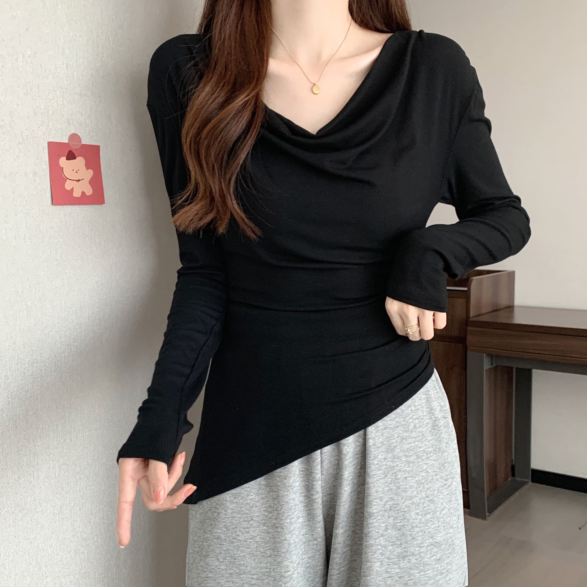 실사 가을 프랑스식 흔들다 칼라 긴팔 몸매 가꾸기 외국 가스 다용도 주름 불규칙 풀오버 티셔츠 맨위 여성 트렌디 이미지 3