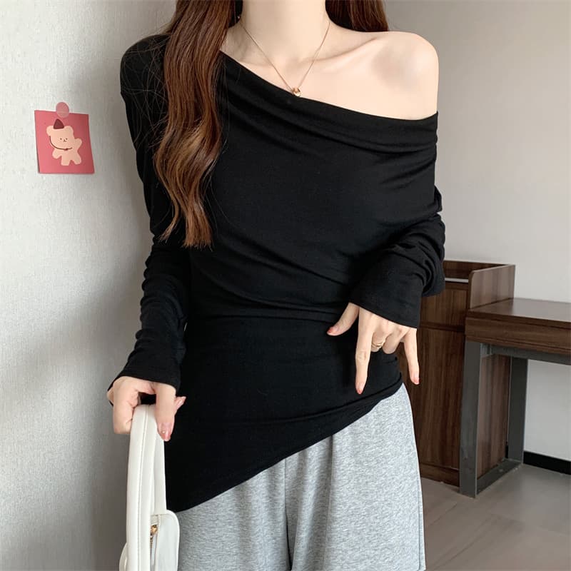 실사 가을 프랑스식 흔들다 칼라 긴팔 몸매 가꾸기 외국 가스 다용도 주름 불규칙 풀오버 티셔츠 맨위 여성 트렌디 이미지 5