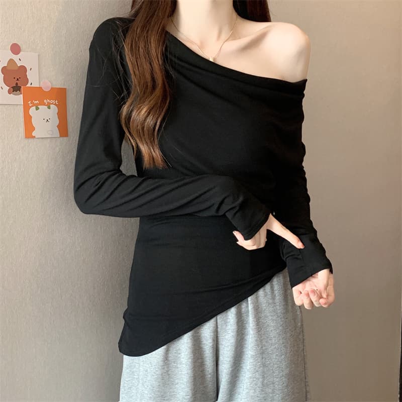 실사 가을 프랑스식 흔들다 칼라 긴팔 몸매 가꾸기 외국 가스 다용도 주름 불규칙 풀오버 티셔츠 맨위 여성 트렌디 상세 이미지 2