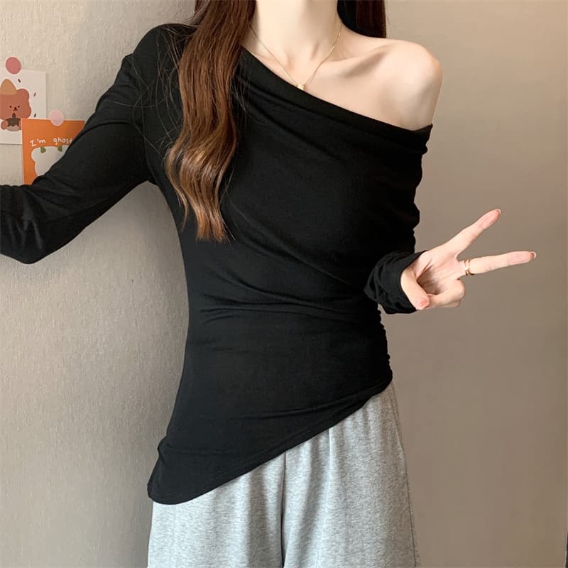 실사 가을 프랑스식 흔들다 칼라 긴팔 몸매 가꾸기 외국 가스 다용도 주름 불규칙 풀오버 티셔츠 맨위 여성 트렌디 상세 이미지 7