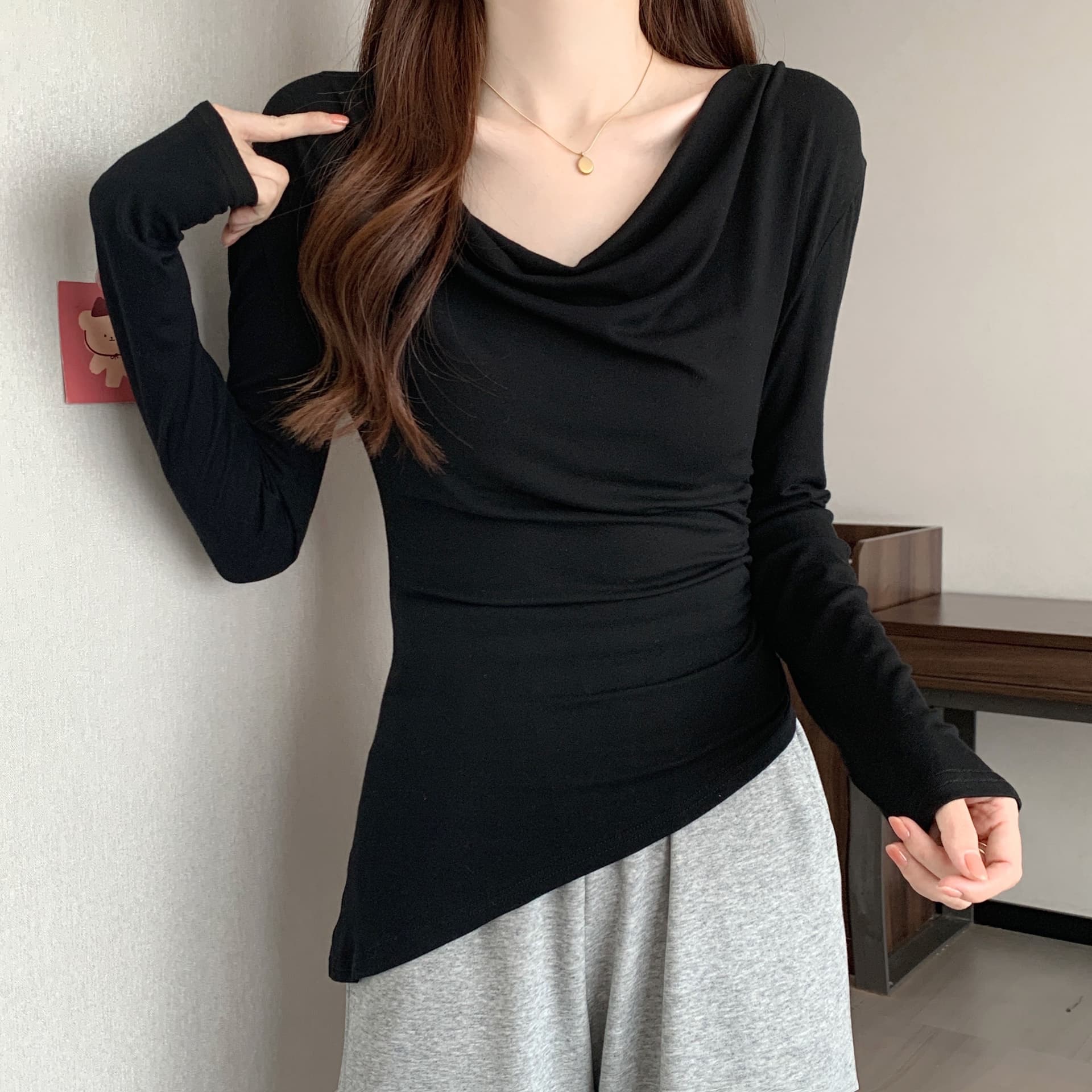 실사 가을 프랑스식 흔들다 칼라 긴팔 몸매 가꾸기 외국 가스 다용도 주름 불규칙 풀오버 티셔츠 맨위 여성 트렌디 상세 이미지 18