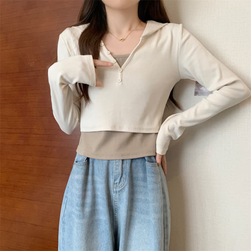 핫걸 V넥 후드 긴팔 티셔츠 여성 가을 새로운 디자인 센스 페이크 레이어드 몸매 가꾸기 슬림해 보이는 인사이드 가져 가라. 기본 셔츠 상세 이미지 13
