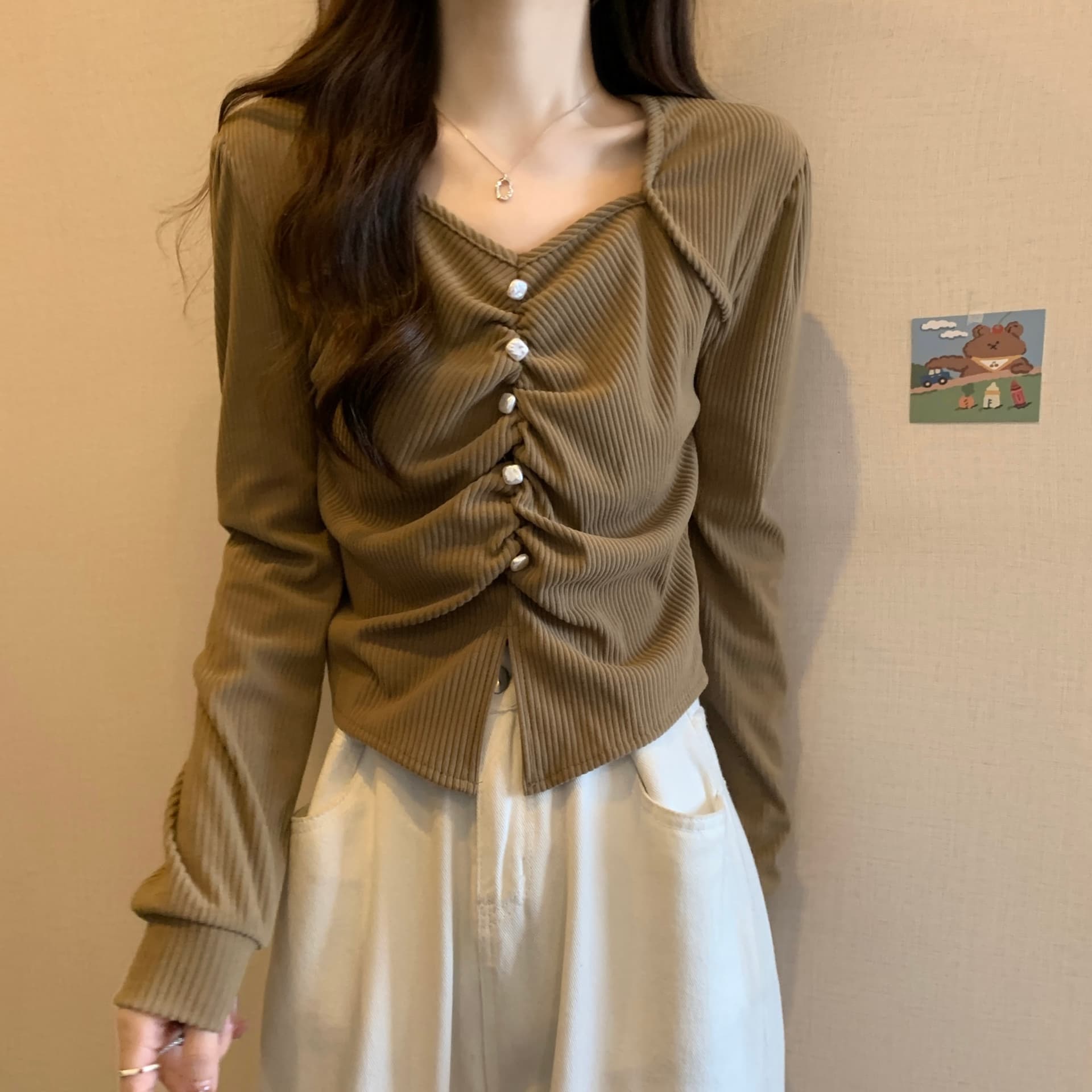 실사 빅 사이즈 새로운 디자인 센스 긍정적 인 어깨 소매 불규칙 주름 비즈 박기 코듀로이 작은 대중 슬림해 보이는 맨위 여성 상세 이미지 2