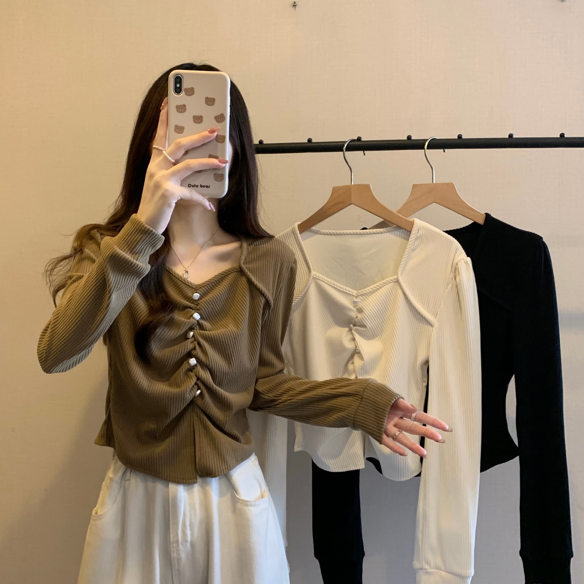 실사 빅 사이즈 새로운 디자인 센스 긍정적 인 어깨 소매 불규칙 주름 비즈 박기 코듀로이 작은 대중 슬림해 보이는 맨위 여성 상세 이미지 10
