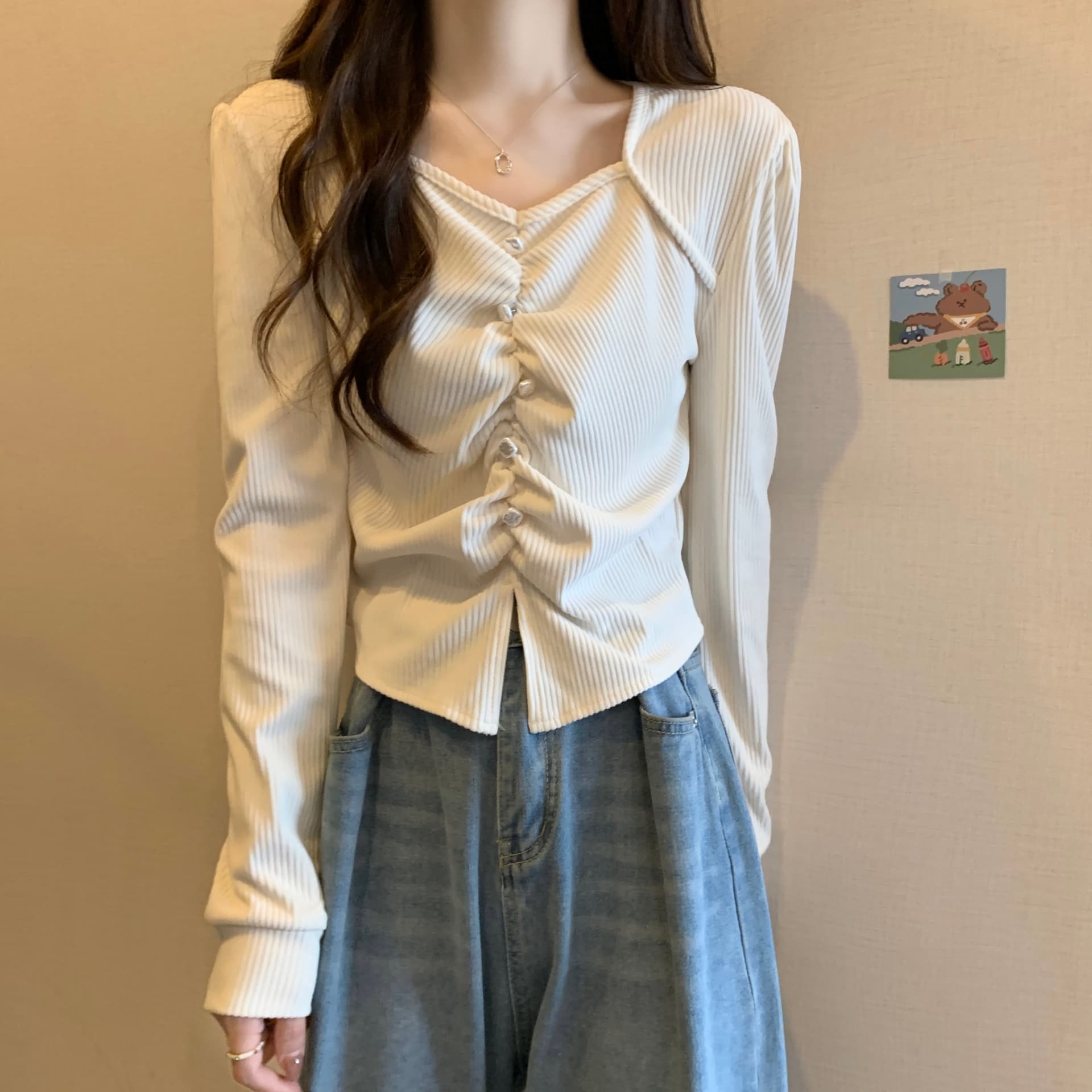 실사 빅 사이즈 새로운 디자인 센스 긍정적 인 어깨 소매 불규칙 주름 비즈 박기 코듀로이 작은 대중 슬림해 보이는 맨위 여성 상세 이미지 11