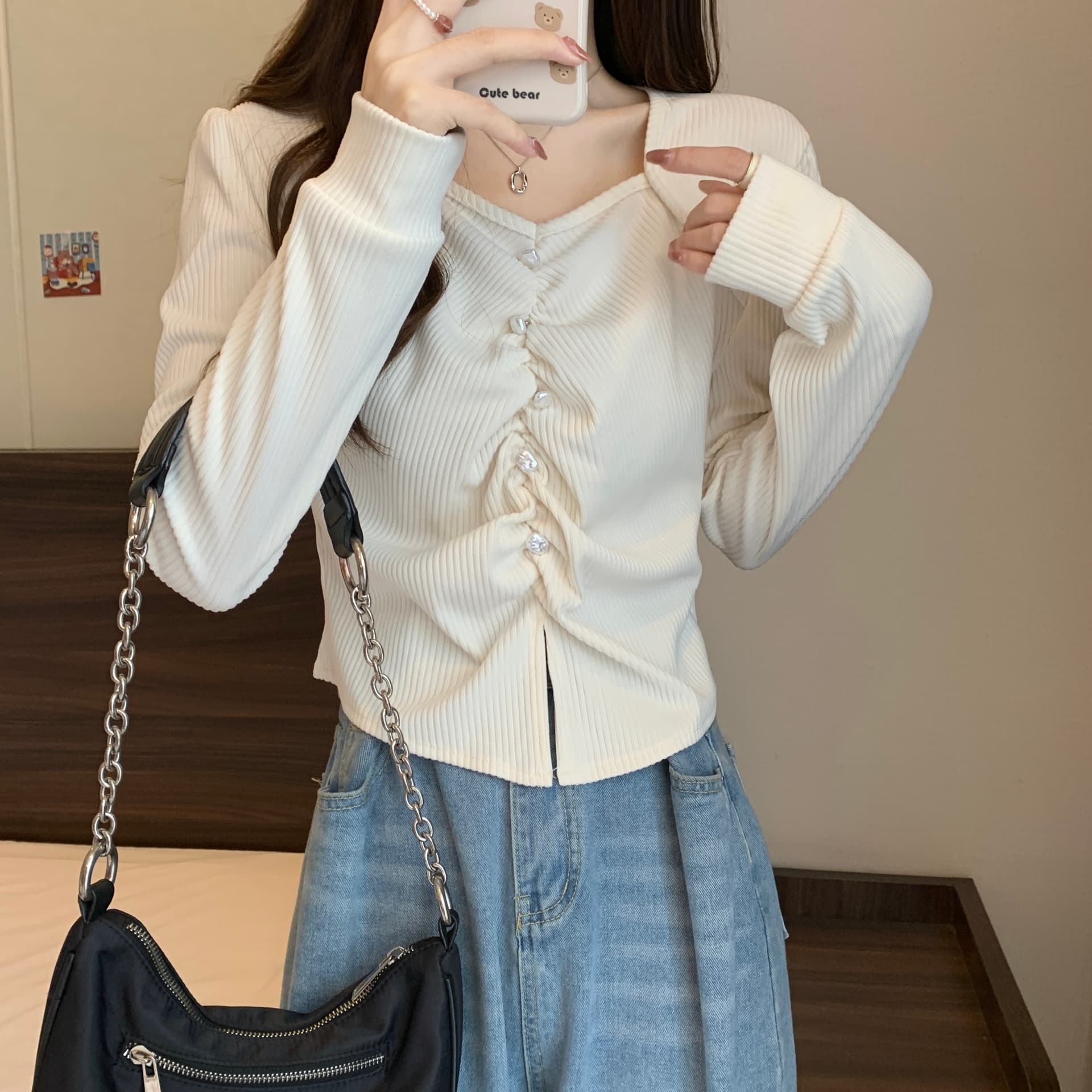 실사 빅 사이즈 새로운 디자인 센스 긍정적 인 어깨 소매 불규칙 주름 비즈 박기 코듀로이 작은 대중 슬림해 보이는 맨위 여성 상세 이미지 15