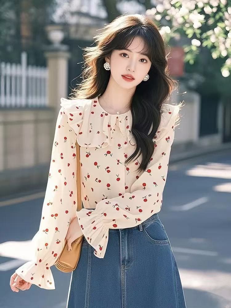 프랑스식 고급 센스 Chic 아름다운 품격 맨위 꽃무늬 여성 셔츠 봄 연령 감소 슈퍼 잘 생긴 ~ 중 셔츠 여성 이미지 4