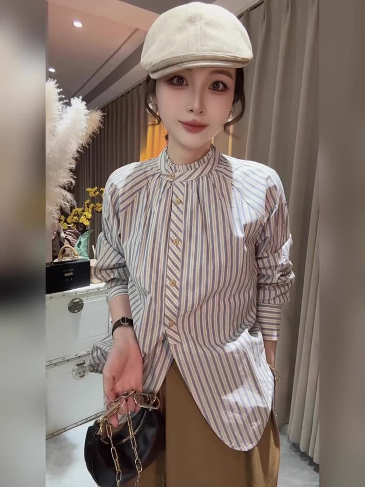 가을 새로운 한 부서 스트라이프 품격 스탠드 칼라 반하이넥 긴팔 셔츠 여성 맨위 여성 외국 가스 Chic 셔츠 이미지 2