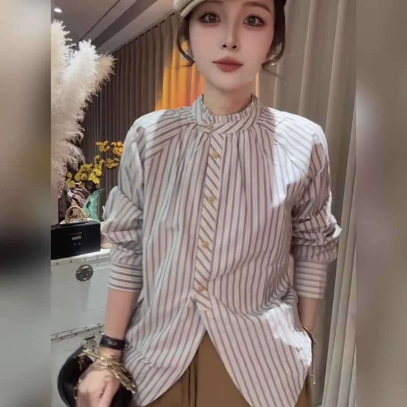 가을 새로운 한 부서 스트라이프 품격 스탠드 칼라 반하이넥 긴팔 셔츠 여성 맨위 여성 외국 가스 Chic 셔츠 이미지 5