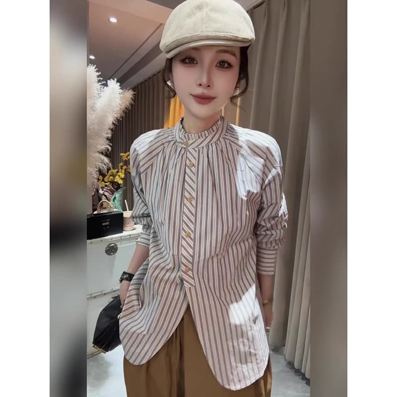 가을 새로운 한 부서 스트라이프 품격 스탠드 칼라 반하이넥 긴팔 셔츠 여성 맨위 여성 외국 가스 Chic 셔츠 상세 이미지 6