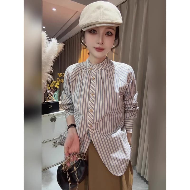 가을 새로운 한 부서 스트라이프 품격 스탠드 칼라 반하이넥 긴팔 셔츠 여성 맨위 여성 외국 가스 Chic 셔츠 상세 이미지 8
