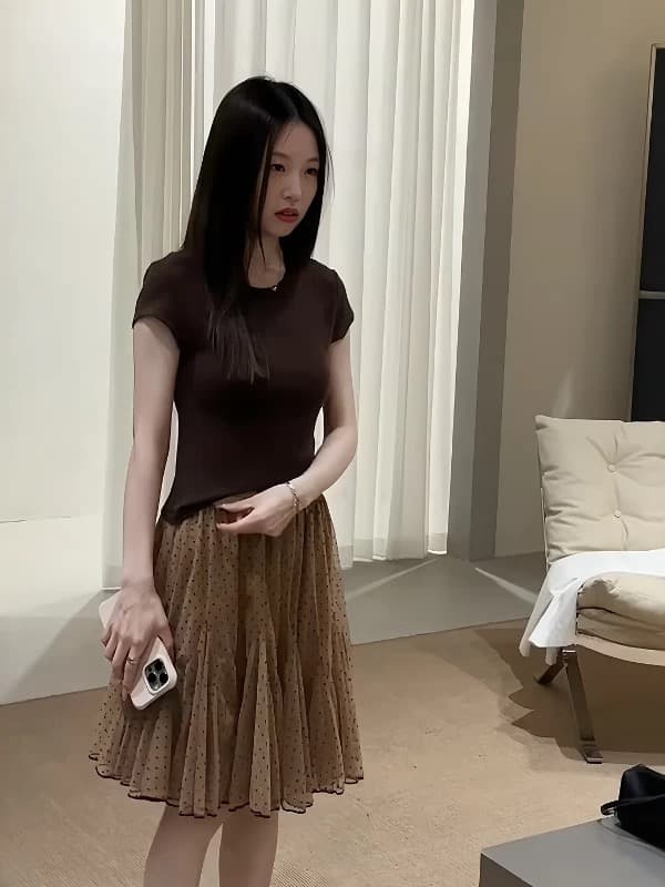 라운드 넥 긍정적 인 어깨 반팔 티셔츠 여성 봄 여름 새로운 한 부서 레트로 망사 패치워크 도트 무늬 반신 스커트 투피스 슈트 이미지 2