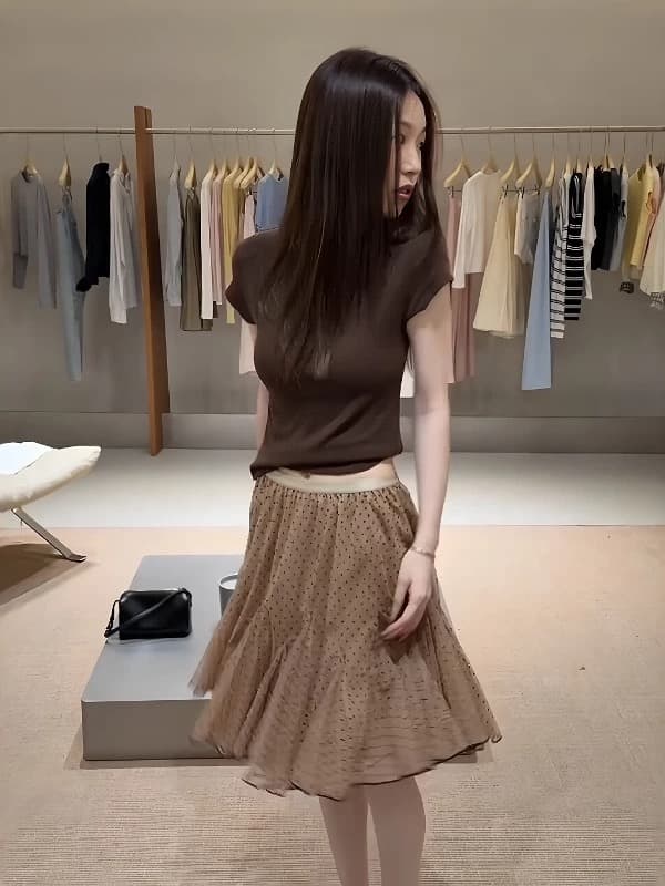 라운드 넥 긍정적 인 어깨 반팔 티셔츠 여성 봄 여름 새로운 한 부서 레트로 망사 패치워크 도트 무늬 반신 스커트 투피스 슈트 이미지 3