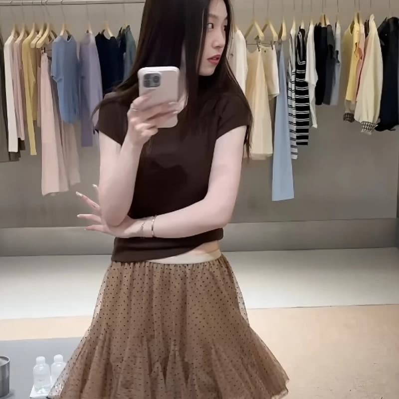 라운드 넥 긍정적 인 어깨 반팔 티셔츠 여성 봄 여름 새로운 한 부서 레트로 망사 패치워크 도트 무늬 반신 스커트 투피스 슈트 이미지 5