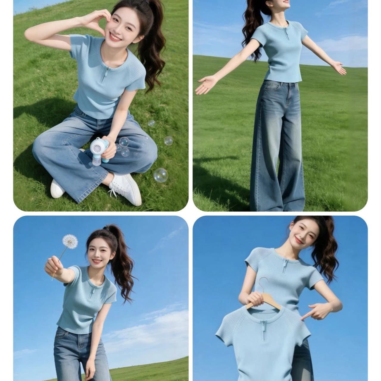 부드러운 부서 클래식 다용도 섹션 빛 럭셔리 익스트림 제인 바람 반팔 티셔츠 여성 파란색 지퍼 몸매 가꾸기 슬림해 보이는 맨위