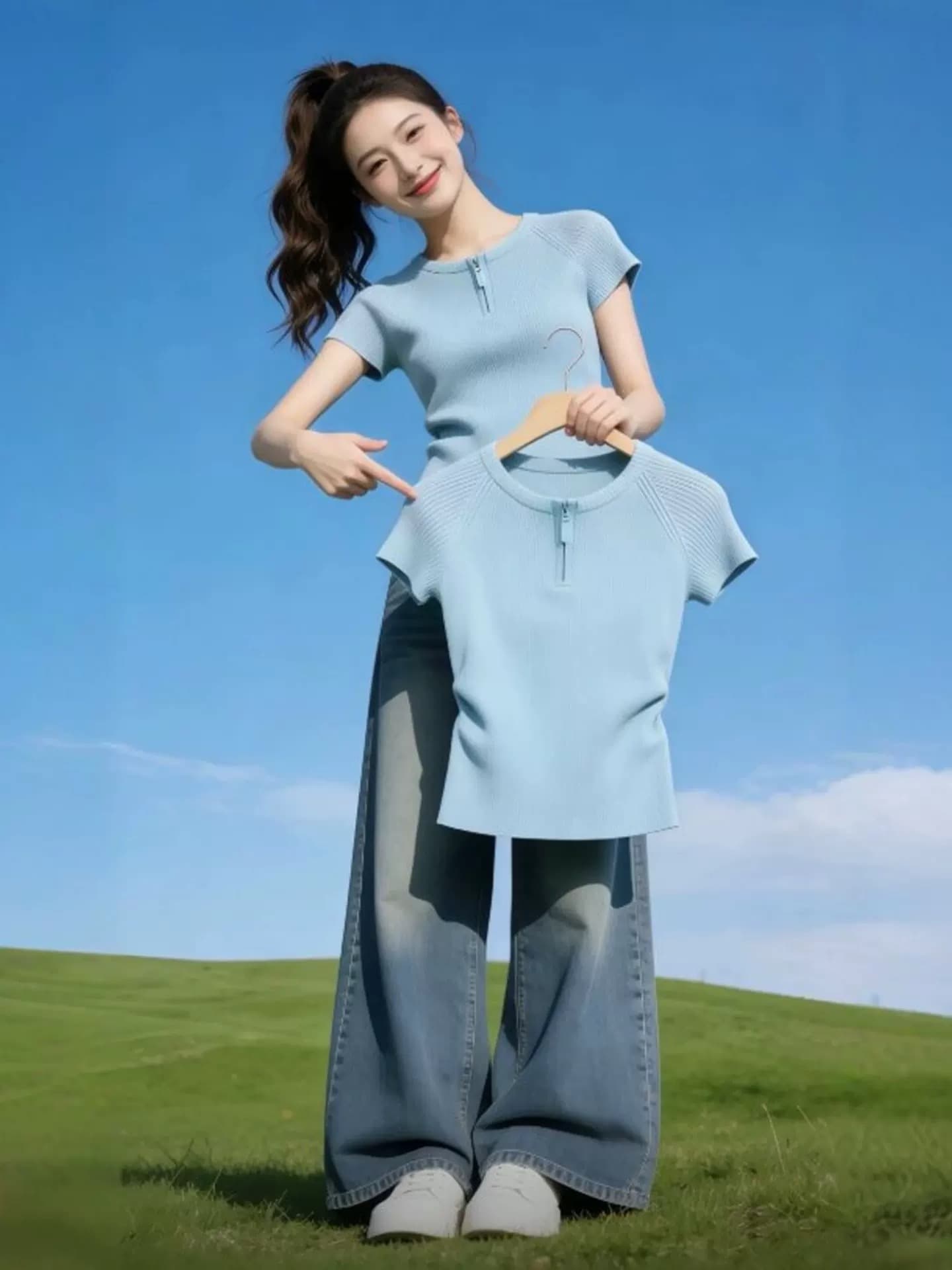 부드러운 부서 클래식 다용도 섹션 빛 럭셔리 익스트림 제인 바람 반팔 티셔츠 여성 파란색 지퍼 몸매 가꾸기 슬림해 보이는 맨위 상세 이미지 3