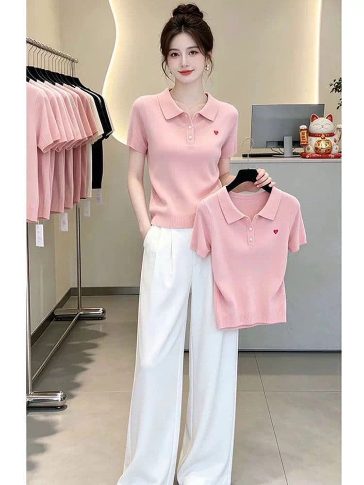 슈퍼 잘 생긴 POLO 칼라 니트 반팔 티셔츠 여성 2026 여름 빅 사이즈 외국 가스 연령 감소 아름다운 작은 맨위
