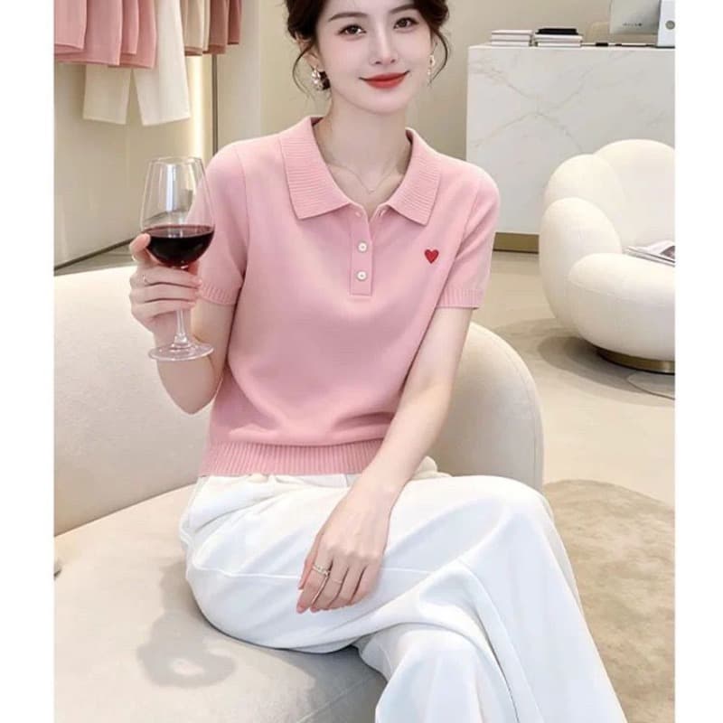 슈퍼 잘 생긴 POLO 칼라 니트 반팔 티셔츠 여성 2026 여름 빅 사이즈 외국 가스 연령 감소 아름다운 작은 맨위 이미지 5