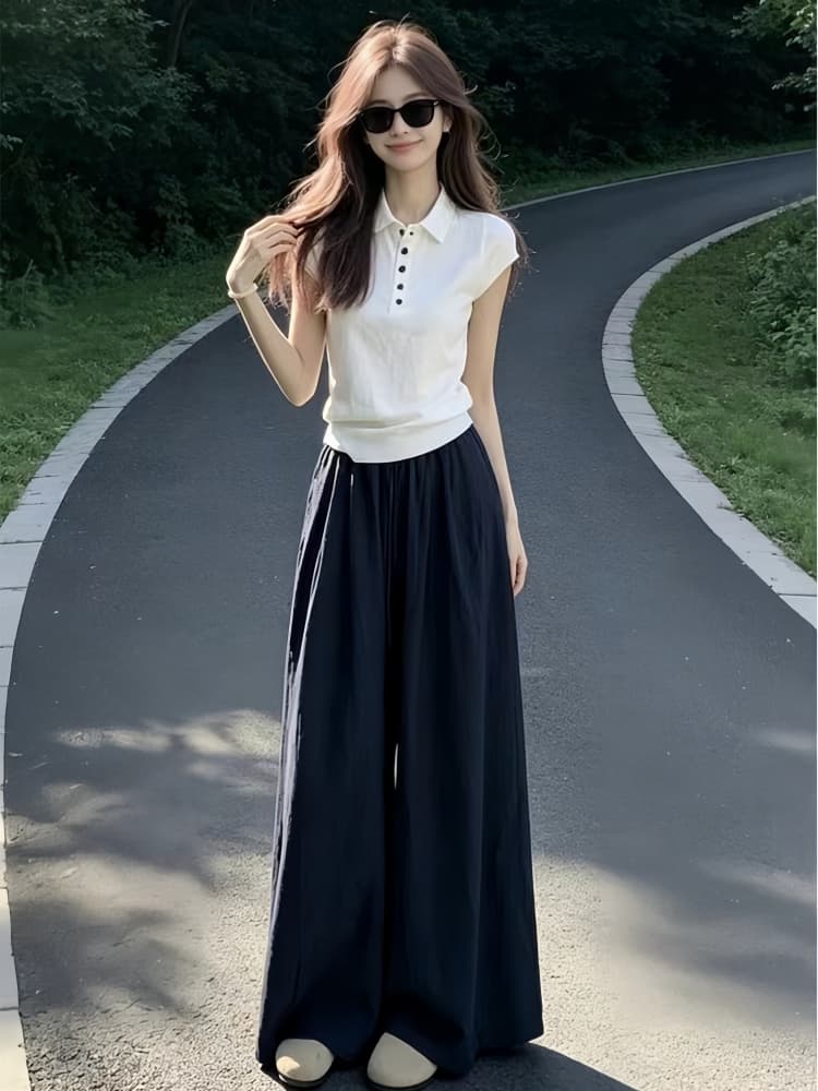 한 부서 그레이트 통해보기 가져 가라. 전체 집합 2026 새로운 여름 화이트 polo 반팔 티셔츠 여성 와이드 레그 팬츠 세트 상세 이미지 5