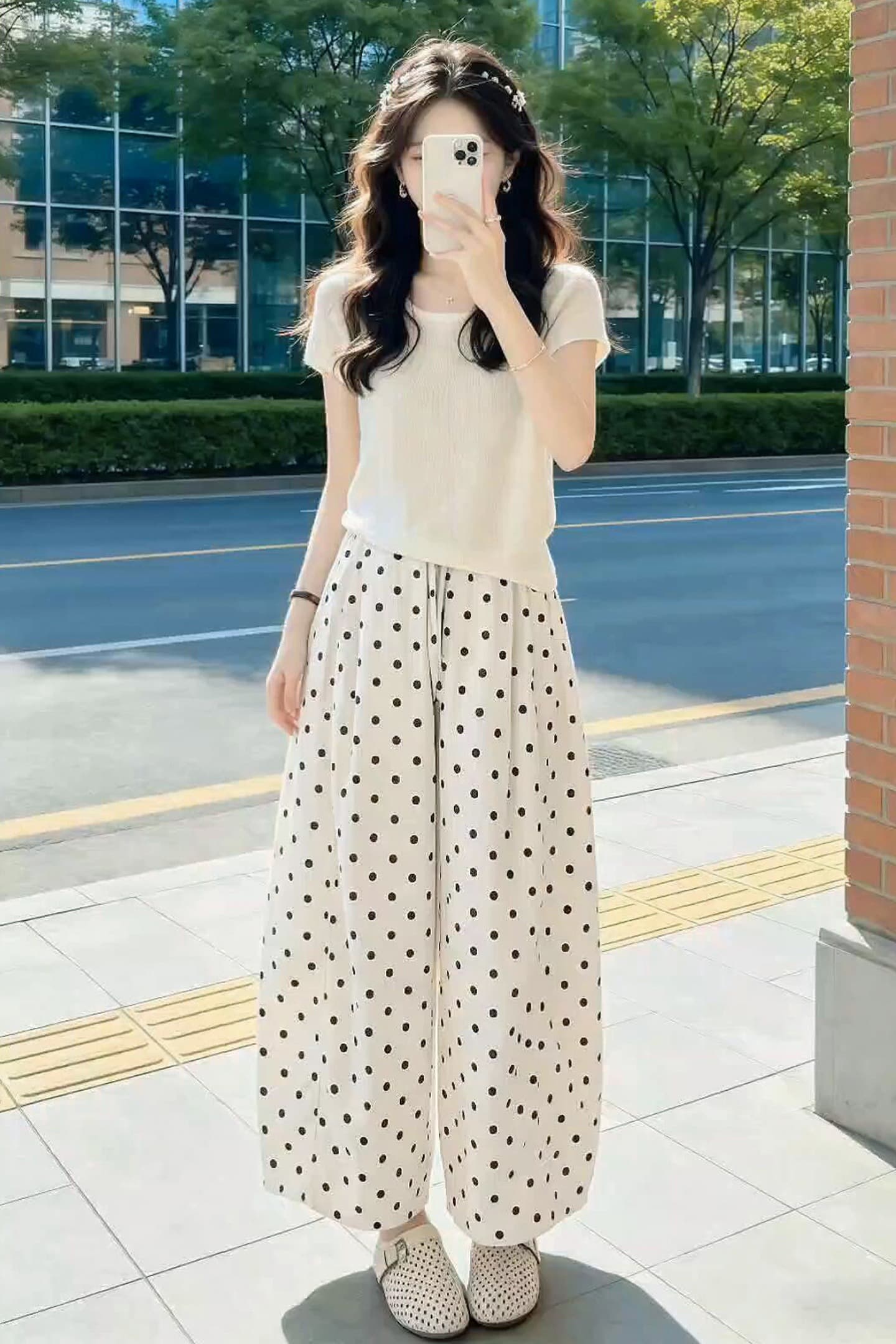 자이언트 잘 생긴 ootd 착용 가져 가라. 전체 집합 2026 새로운 반팔 티셔츠 여성 여름 도트 무늬 와이드 레그 팬츠 투피스 슈트