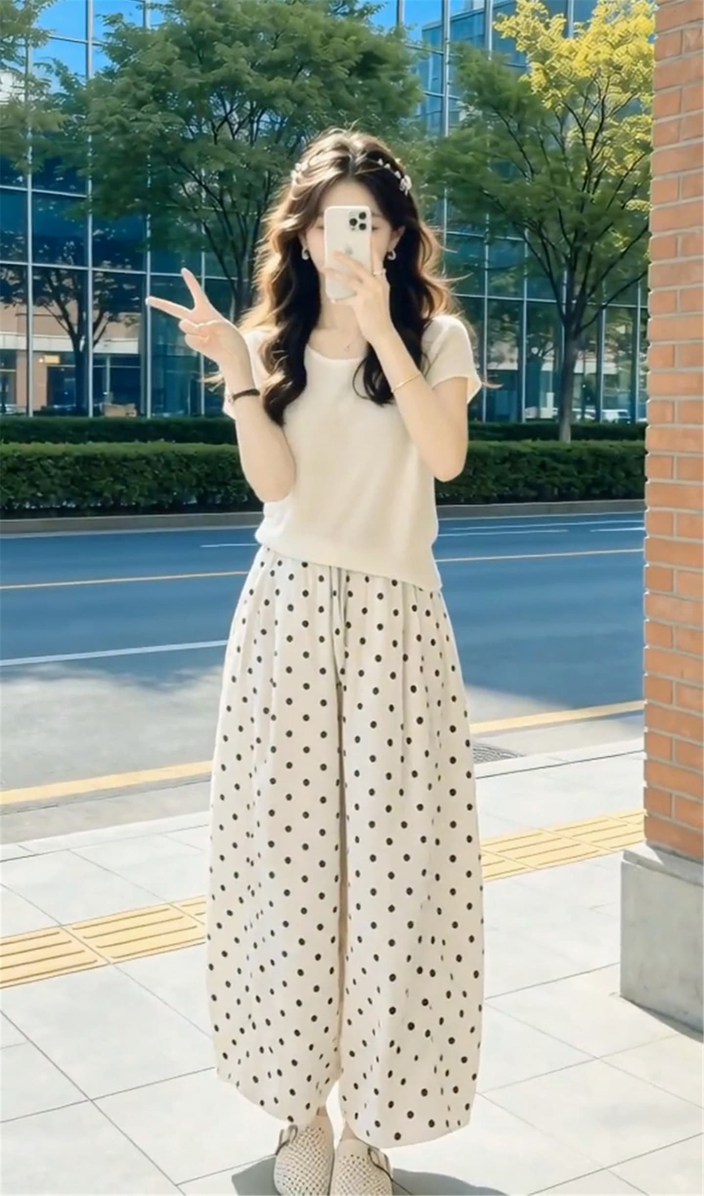 자이언트 잘 생긴 ootd 착용 가져 가라. 전체 집합 2026 새로운 반팔 티셔츠 여성 여름 도트 무늬 와이드 레그 팬츠 투피스 슈트 상세 이미지 4