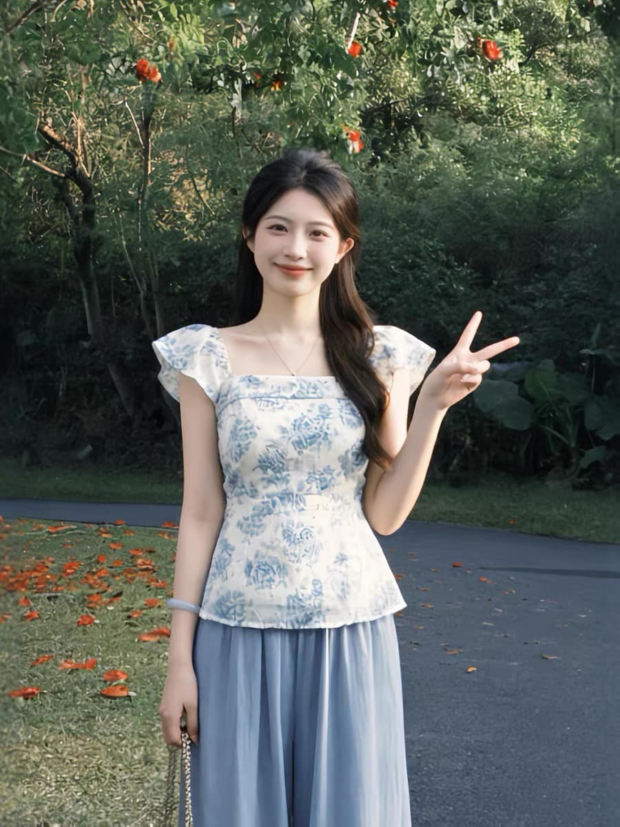 2026 슈퍼 화재 착용 가져 가라. 전체 집합 새로운 중식 국풍 파란색 꽃무늬 맨위 여성 여름 와이드 레그 팬츠 투피스 슈트 이미지 4