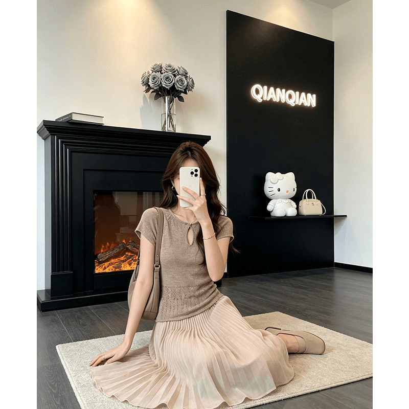 프랑스식 오래된 돈 바람 니트 반팔 맨위 여성 여름 디자인 센스 넓은 다리 캐주얼 바지 세트 상세 이미지 2