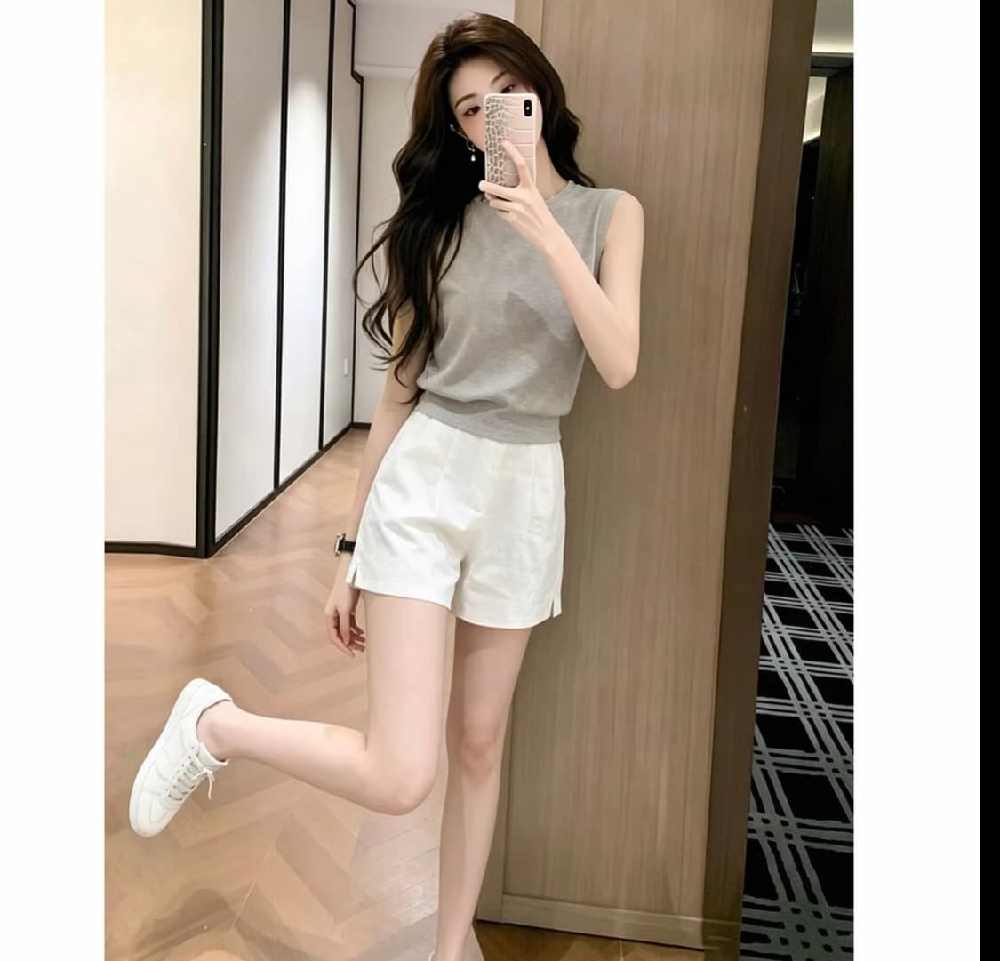 한국 스타일 미니멀리즘 민소매 조끼 반바지 세트 여성 여름 고급 센스 몸매 가꾸기 슬림해 보이는 투피스 세트 캐주얼 바람 착용 가져 가라. 상세 이미지 2
